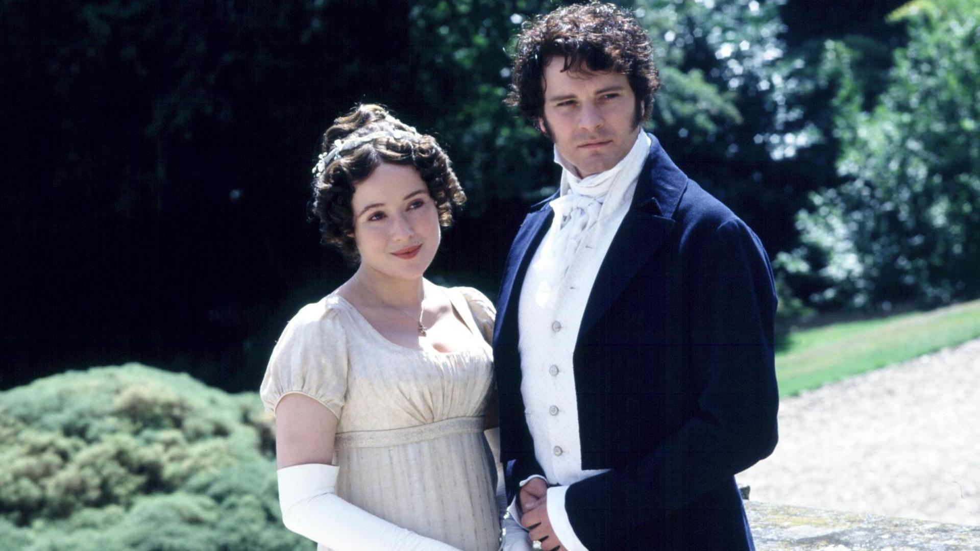 actors jennifer ehle and colin firth playing elizabeth bennet and mr darcy from a bbc adpatation of pride and prejudice