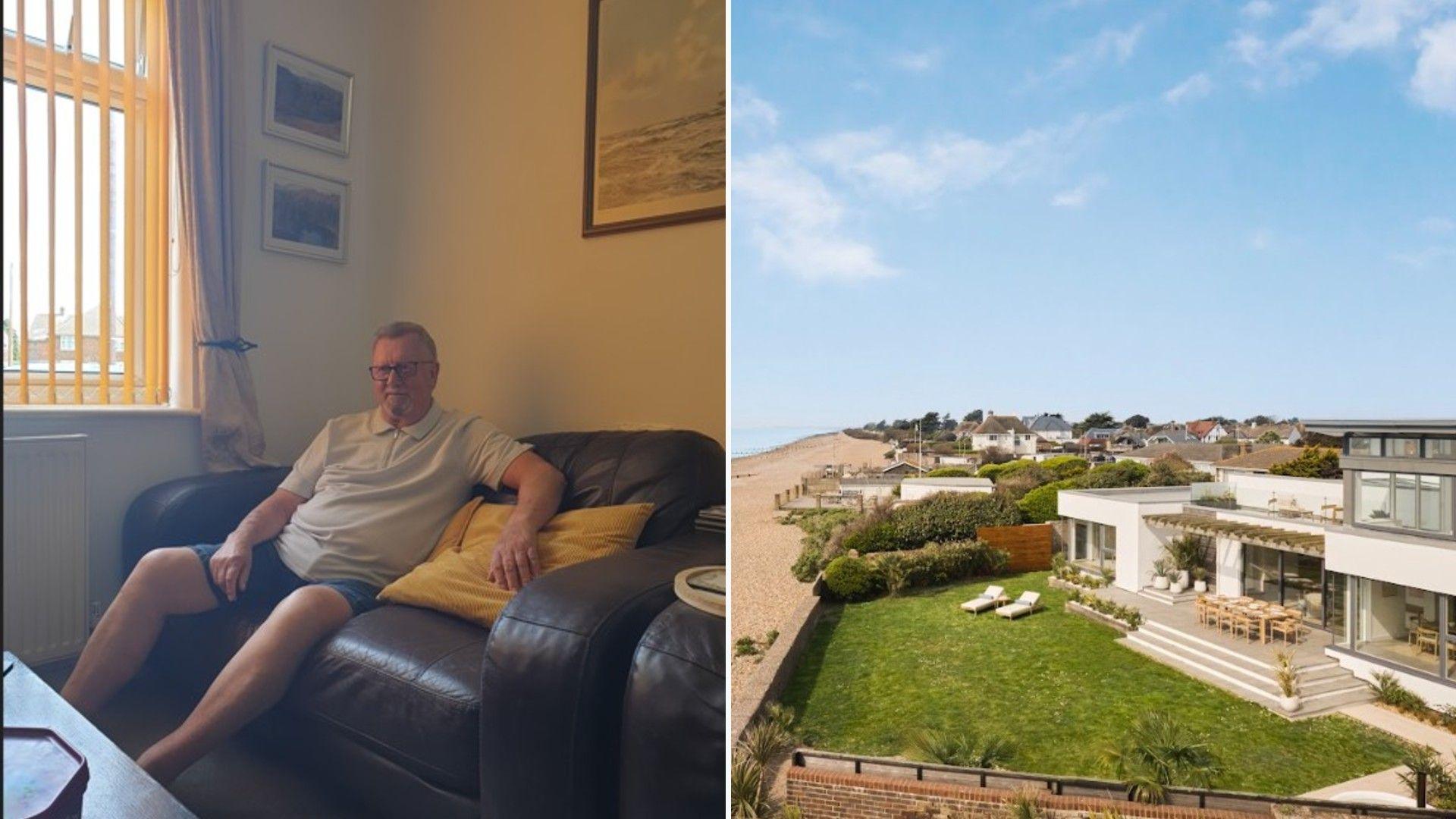 Composite image of a man sitting on a dark-coloured leather sofa next to an aerial view of a beachfront white-rendered property, with a seating area and sun loungers in the garden.