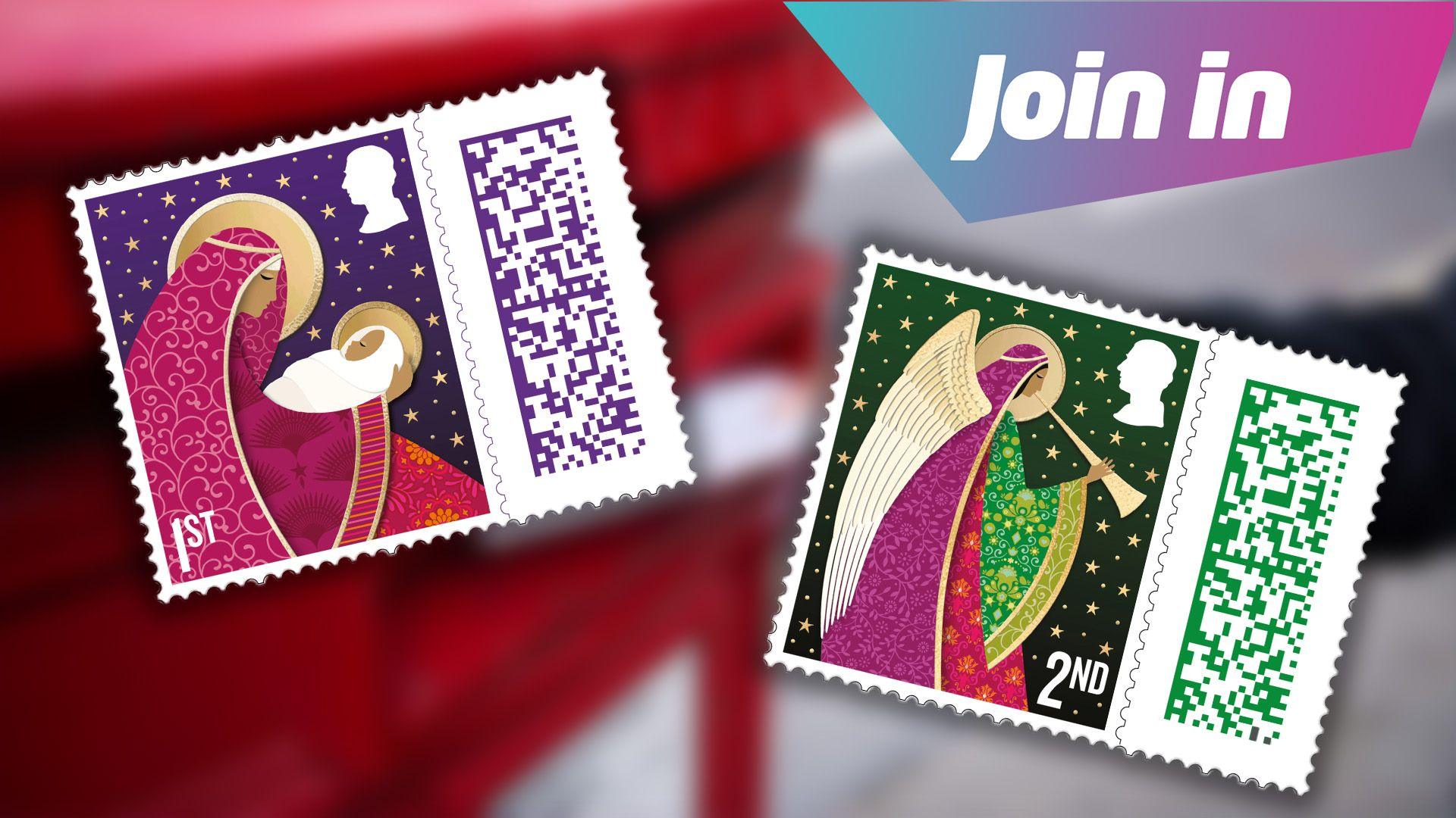 On a blurred background of a red postbox, there is a first class stamp and a second class stamp. In the corner, text says "Join in"
