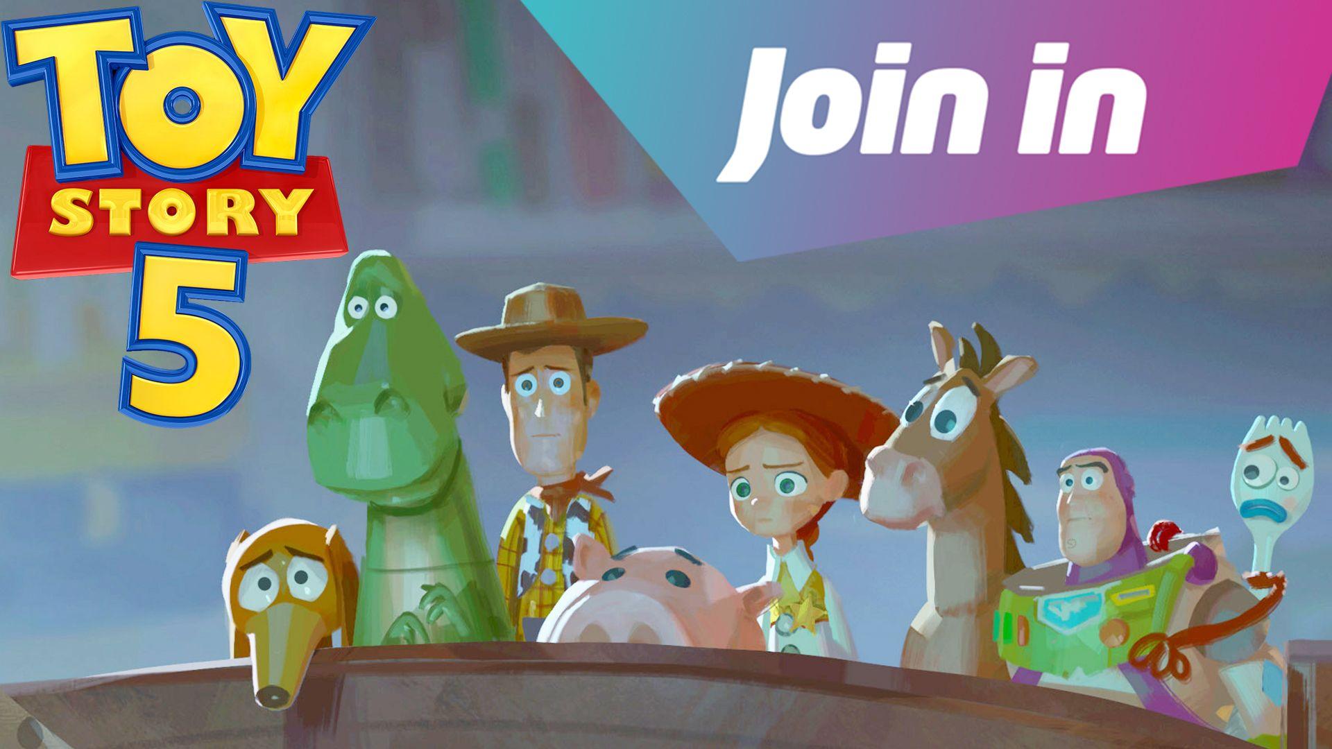 The Toy Story characters, including cowboy Woody and astronaut Buzz Lightyear, look sad and confused. Text Join In is on the top right of the image