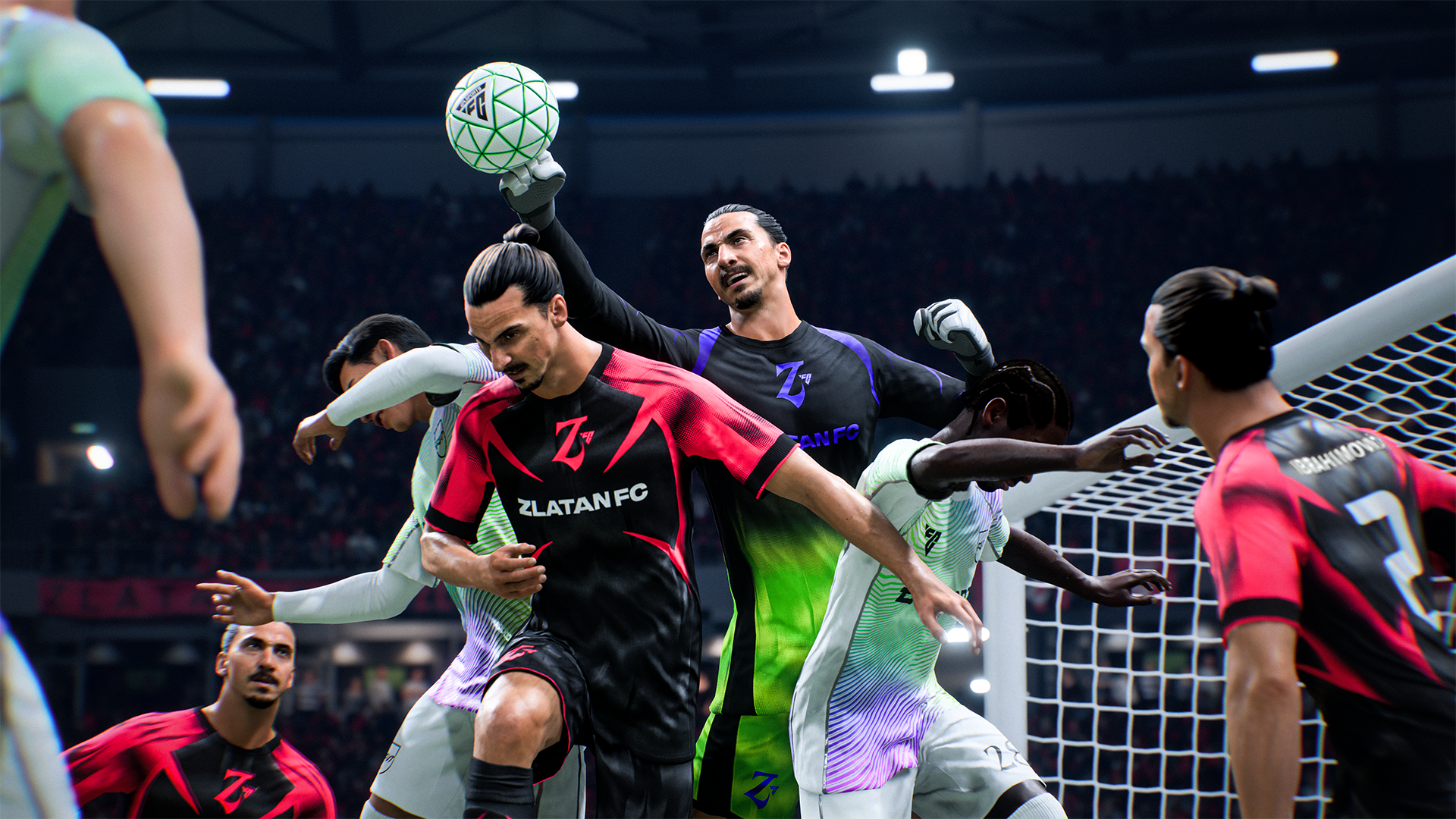A gameplay screengrab from the new FC 26 game shows a group of footballers wearing different coloured kits all tussling for the ball in the air with a football goal net in the background.
