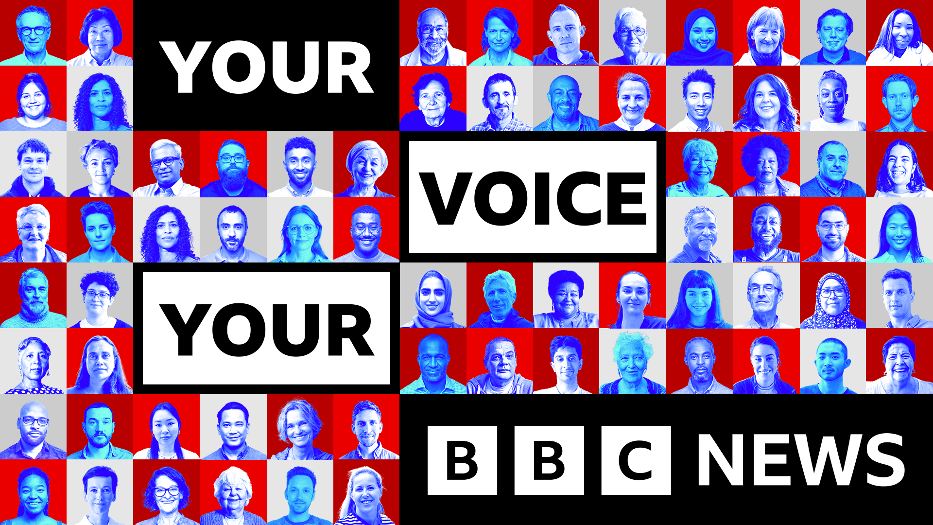 Image depicting Your Voice Your BBC News branding, with the pictures of several people set on a red and blue background