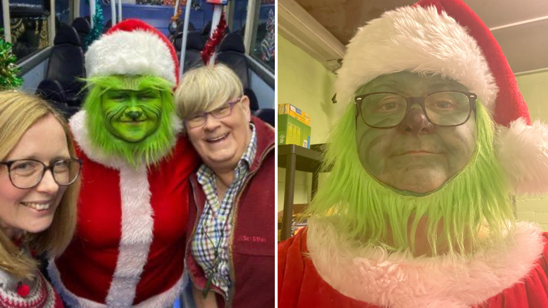 A composite of two images, one showing a bus driver dressed with green make-up like the Grinch and standing in the middle of two people. Another image is a close up of the bus driver wearing a Grinch outfit and black rimmed glasses.