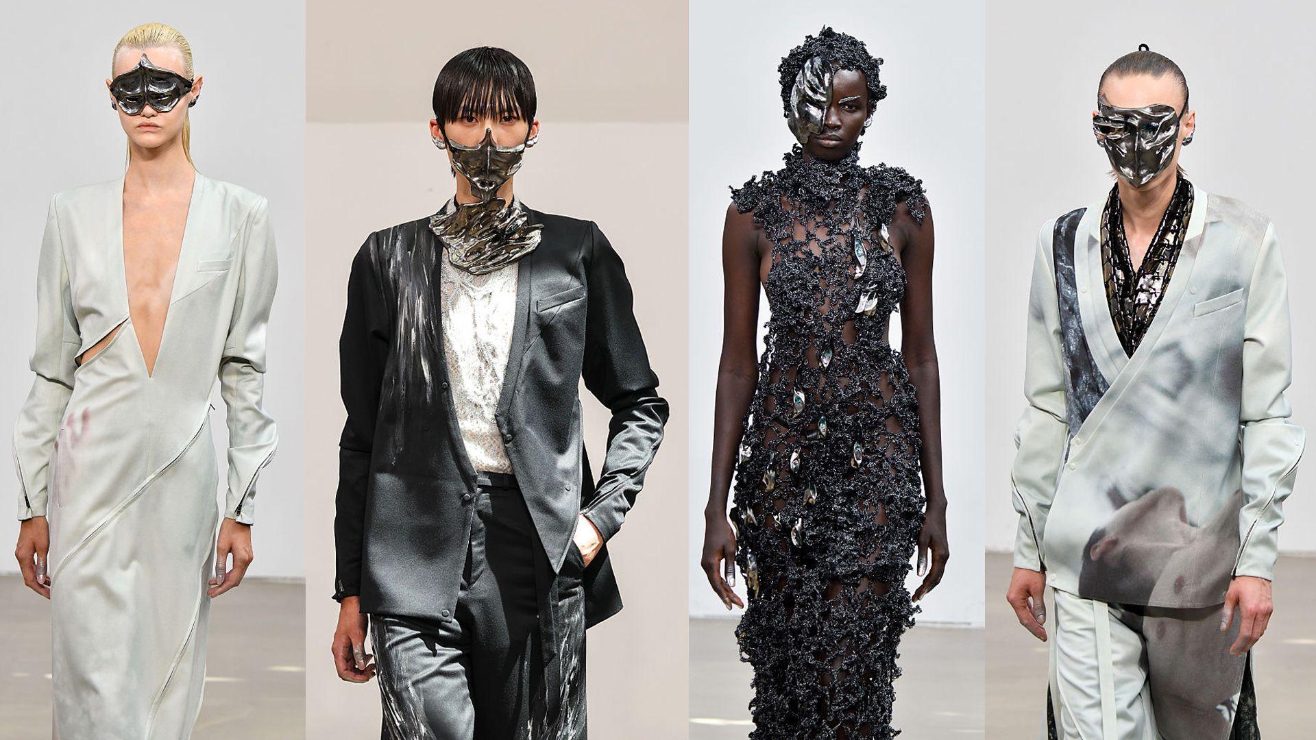 four models wearing funky metal face mask designs