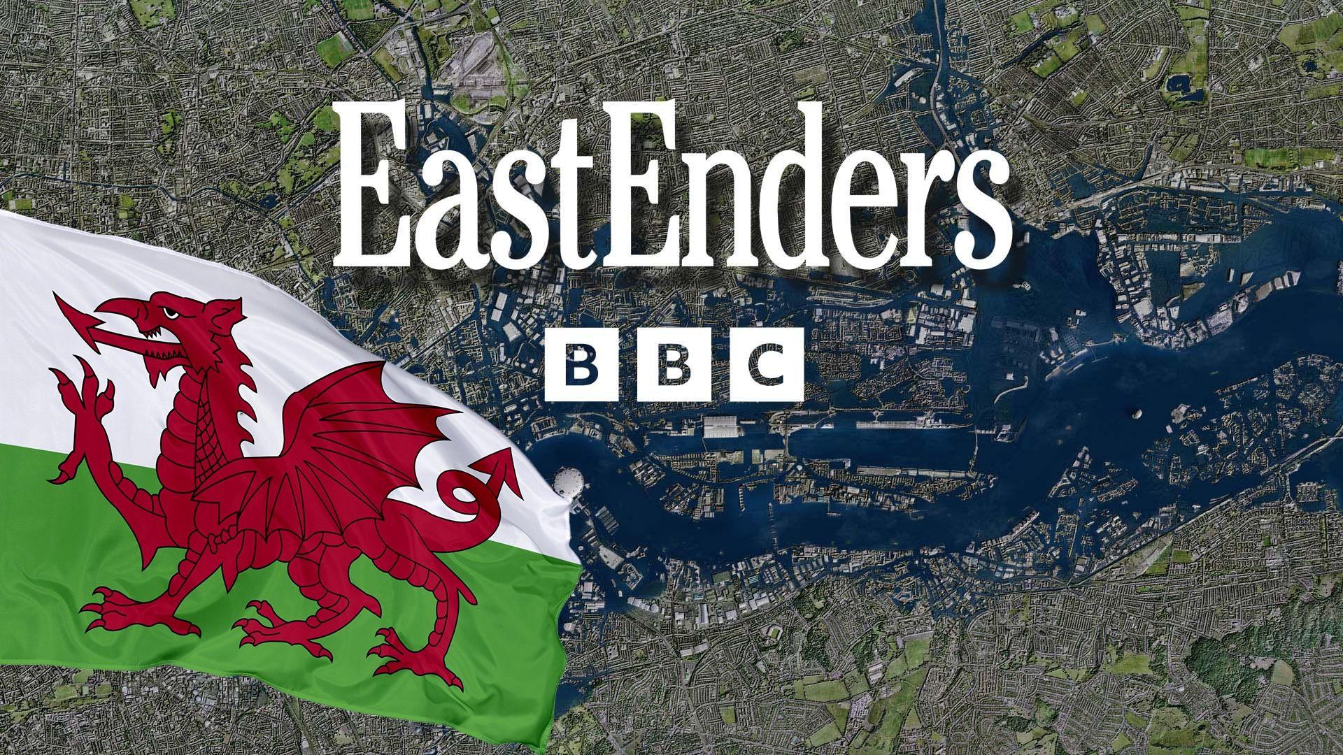 Logo Eastenders a'r ddraig goch 