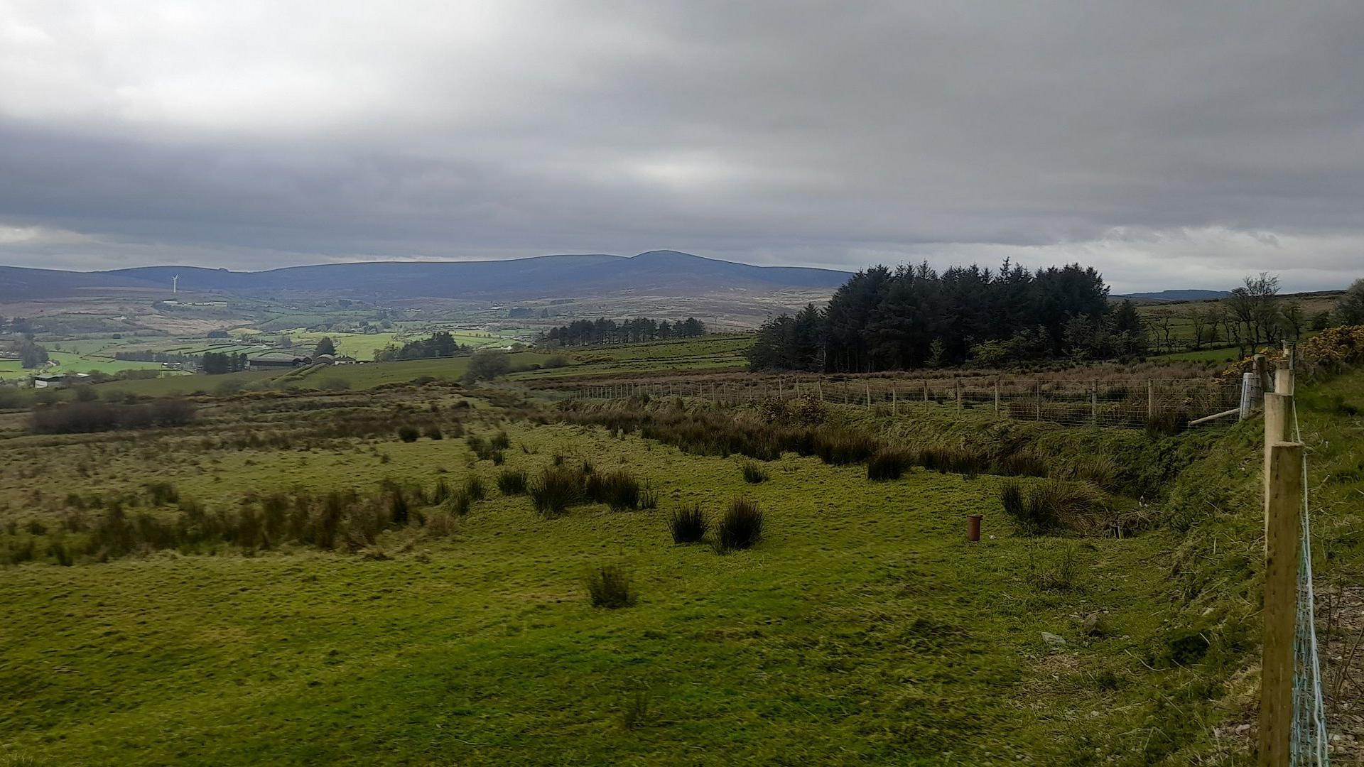 Green fields with brush, bushes and trees with mountains in the background. The sky is grey with the sun trying to break through