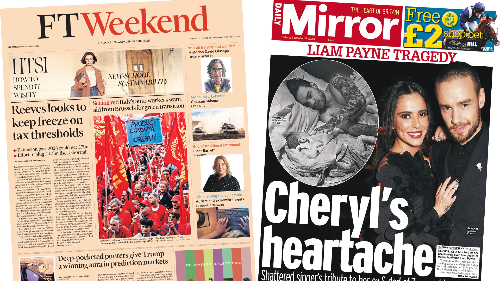 The front pages of The Financial Times and The Daily Mirror, which focus on Rachel Reeves' budget plans and the aftermath of Liam Payne's death.