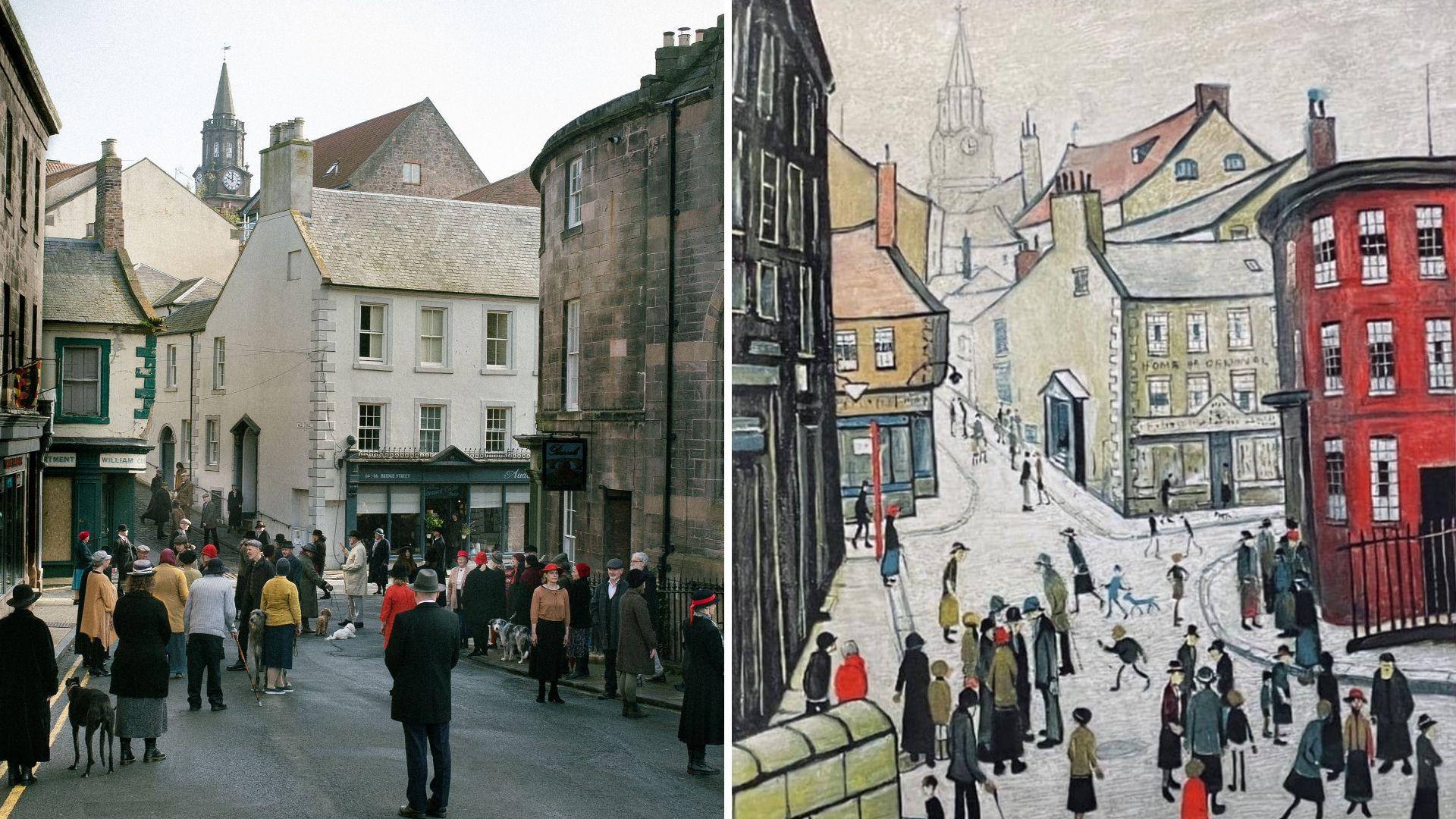 On the right side a Lowry painting of Bridge Street in Berwick with the traditional matchstick men and dogs. On the right a modern recreation of it with people dressed in the same way and standing in similar positions  