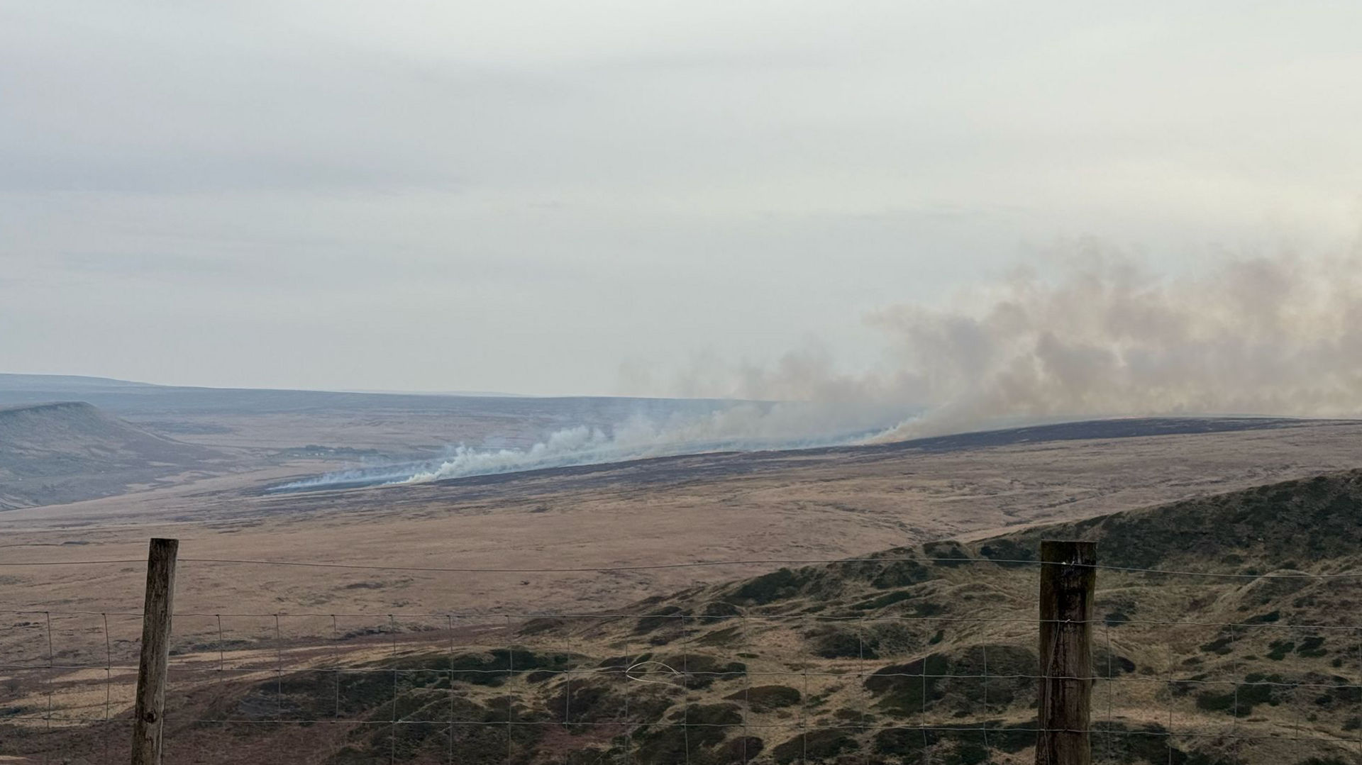 A far away shot of a moorland fire in West Yorkshire