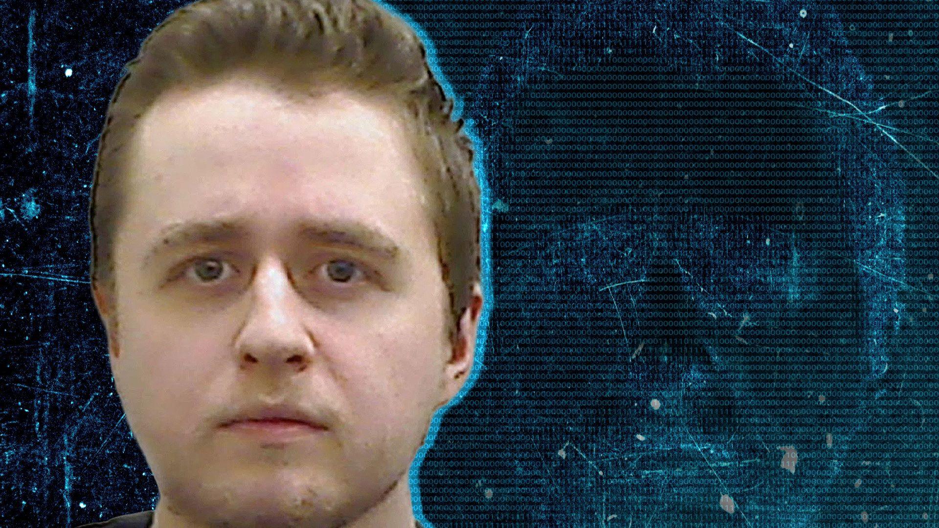 A mugshot of Alexander McCartney is superimposed onto a graphic comprised of blue zero and one binary code numbers on a black background. McCartney is staring straight at the camera, he is a young man with short brown hair 