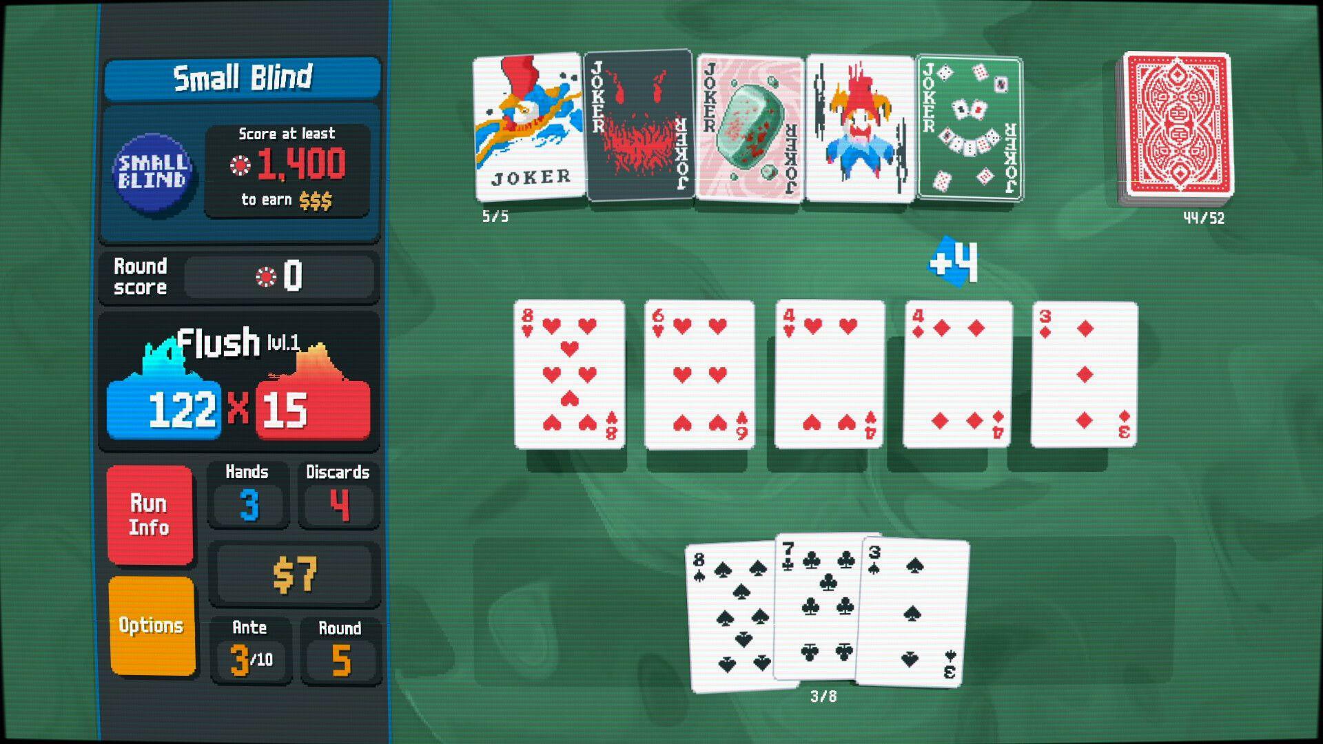 Screenshot from Balatro shows a row of five numbered heart cards under a row of five joker cards with different creative designs. To the left a score screen shows "flush" and flames around the score to show the player has reached the target score.