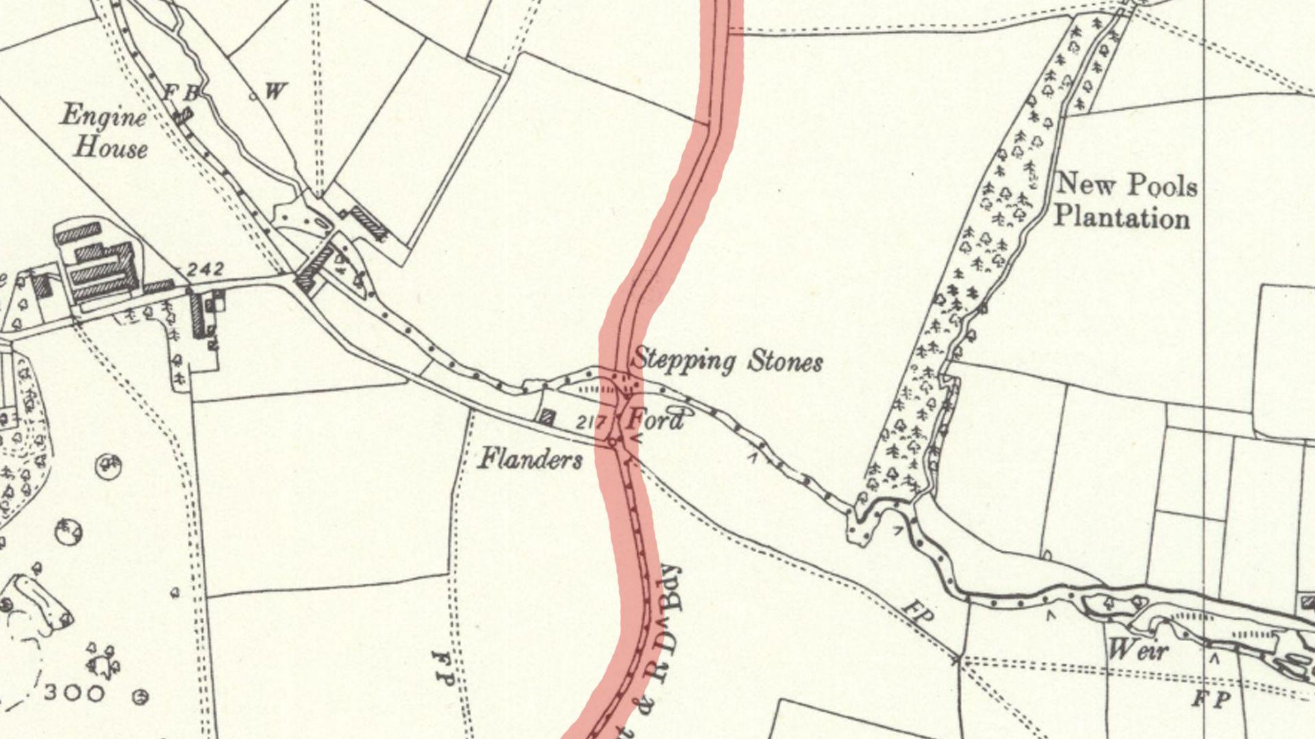 Old black and white map, showing a route across the River Perry, marked as "stepping stones" over a ford.