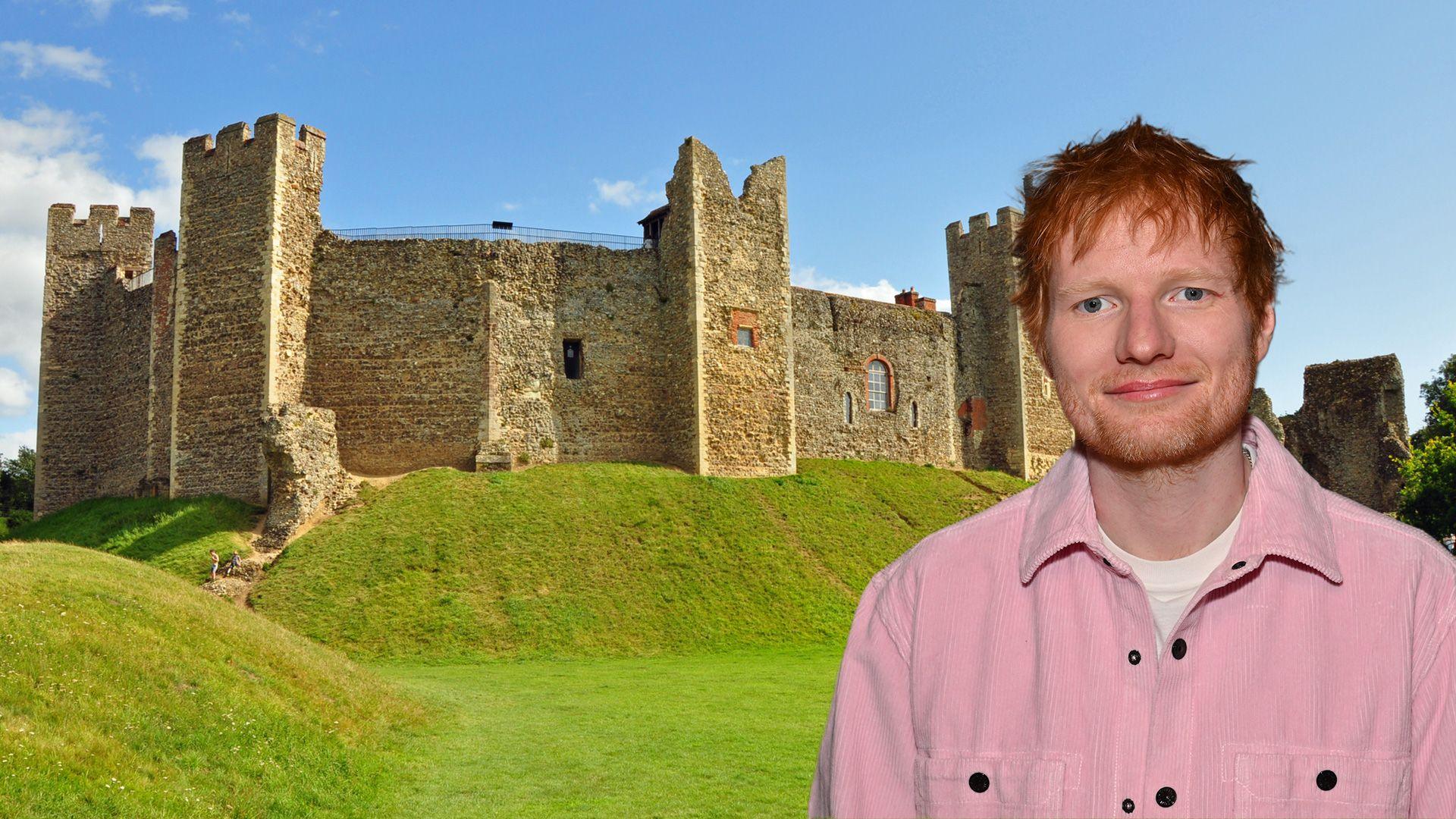 An image combining a photo of Ed Sheeran and an old castle