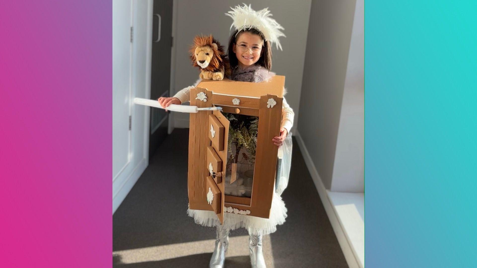 A girl in a wardrobe costume.