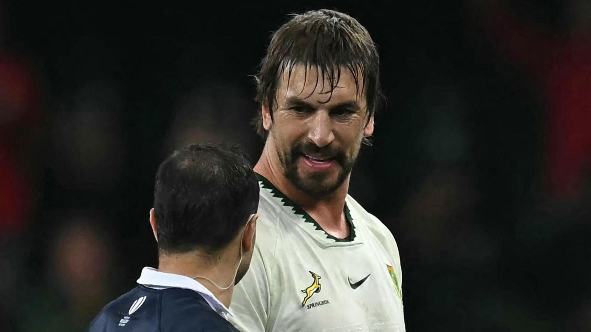 Eben Etzebeth talks to referee Luc Ramos after being sent off in South Africa's win against Wales