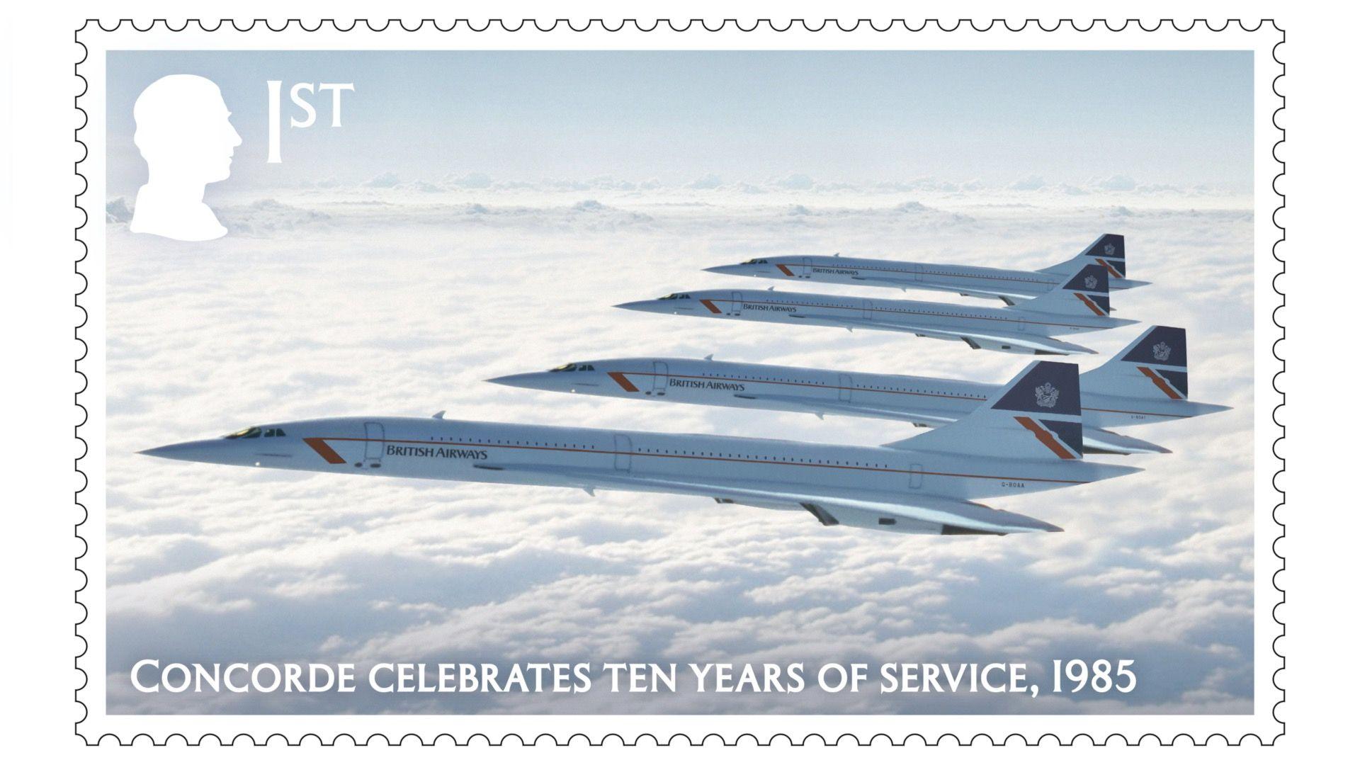 A close up of one of the new stamps, which shows four planes flying together. It says Concorde celebrates ten years of service 1985 at the bottom.
