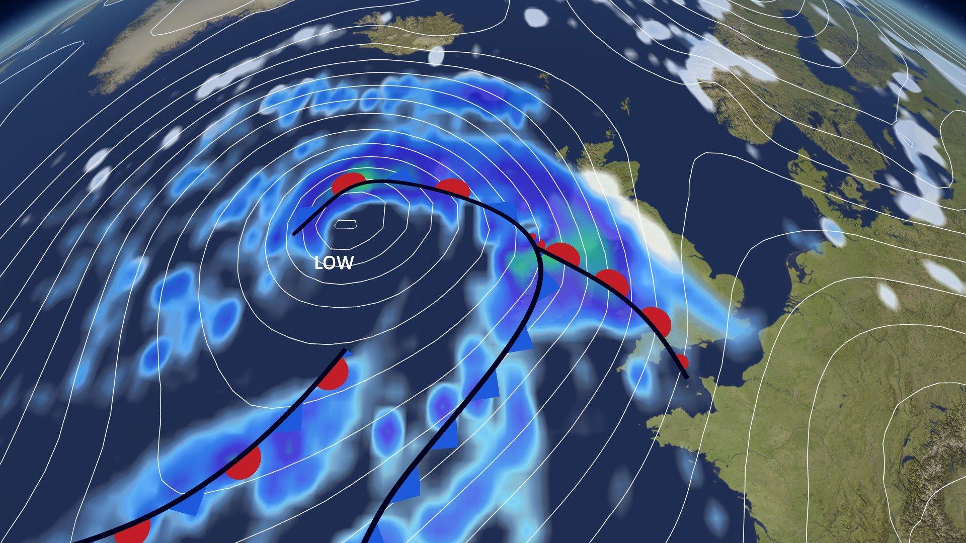 A ý Weather map showing a deep low pressure system centred to the west of the UK and Ireland, bringing heavy rain and snow