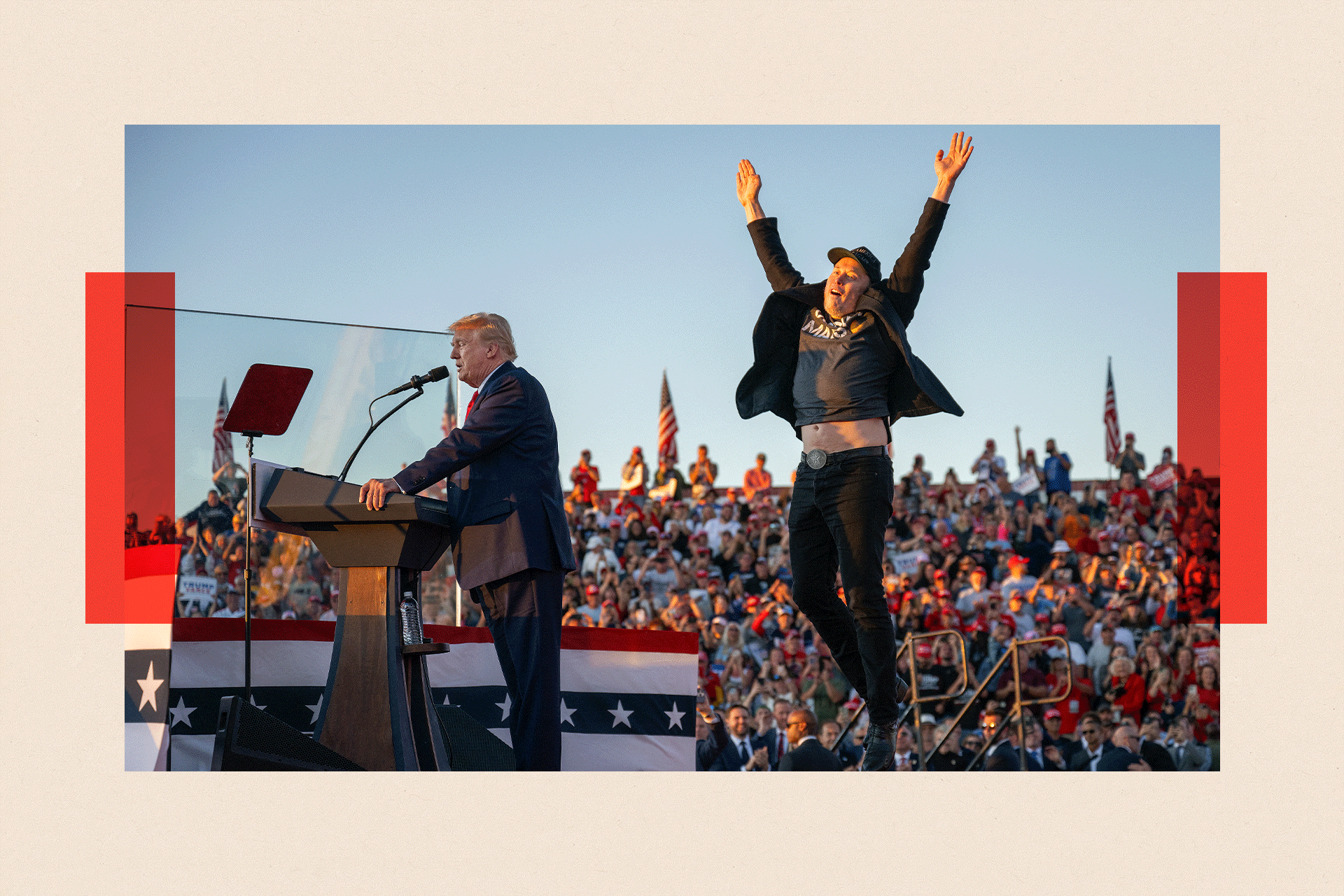 Elon Musk jumps on stage as Donald Trump gives a speech at a rally