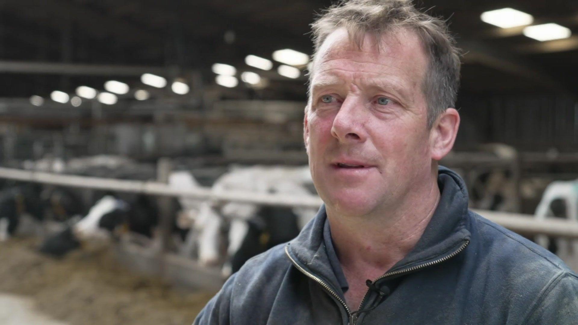 A head-and-shoulders image of Mark Mawson inside a cow shed. He has short light brown hair and blue eyes and is looking towards the interviewer. He is wearing a navy sweatshirt. There are cows in pens in the background. 