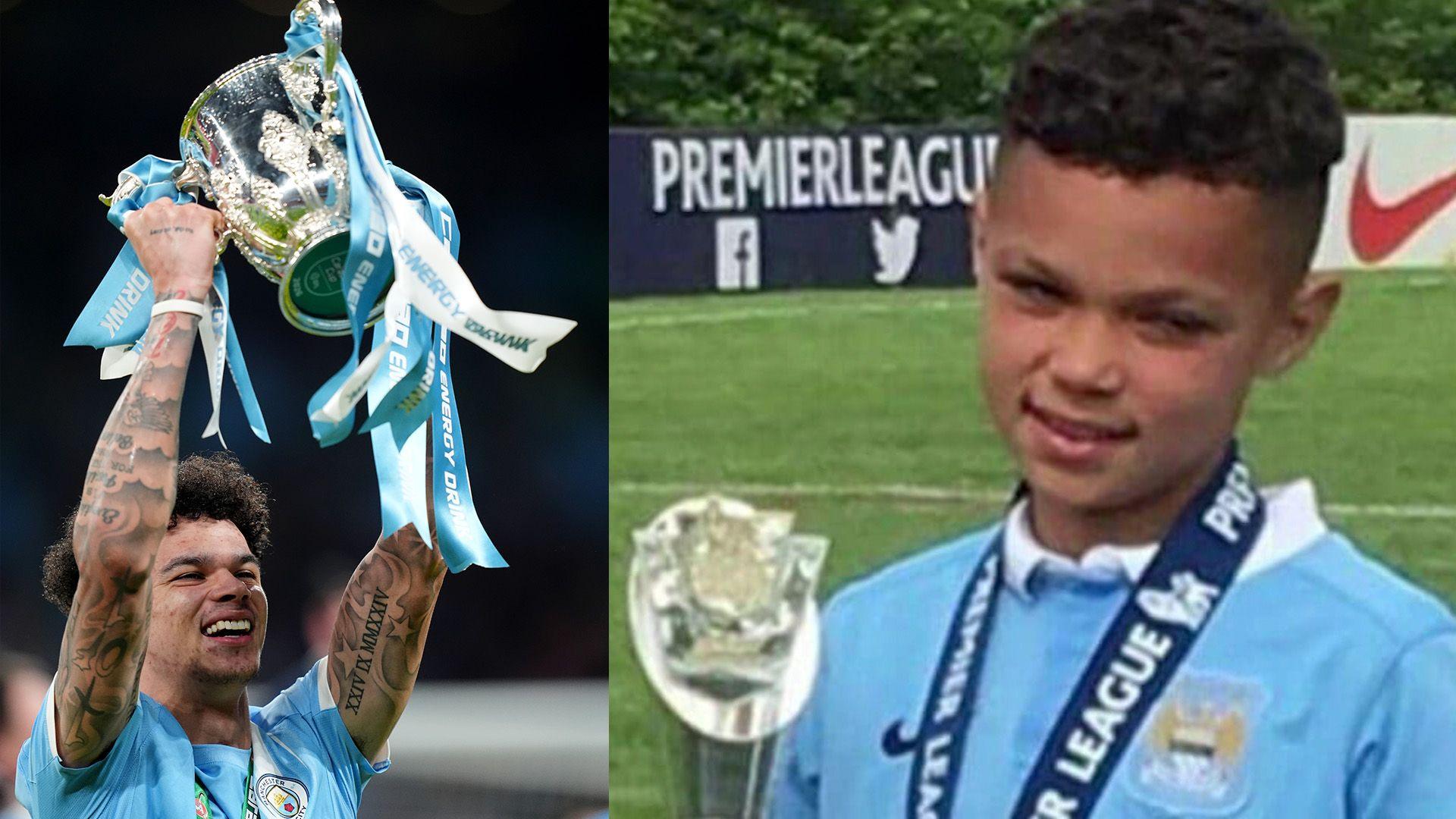 On the left, a photo shows Nico O'Reilly lifting the EFL Cup. On the right, a young Nico O'Reilly poses with a smile in Manchester City kit. He has a Premier League medal around his neck and is holding a silver trophy.
