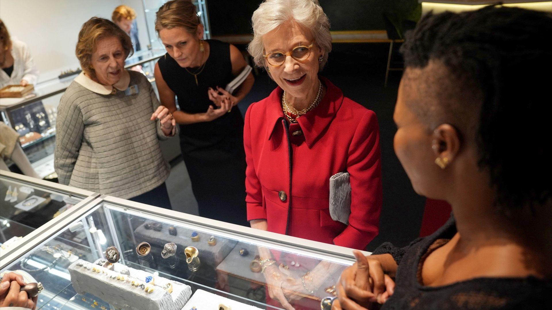 The Duchess of Gloucester meets with an exhibitor during a visit to Goldsmiths' Fair.