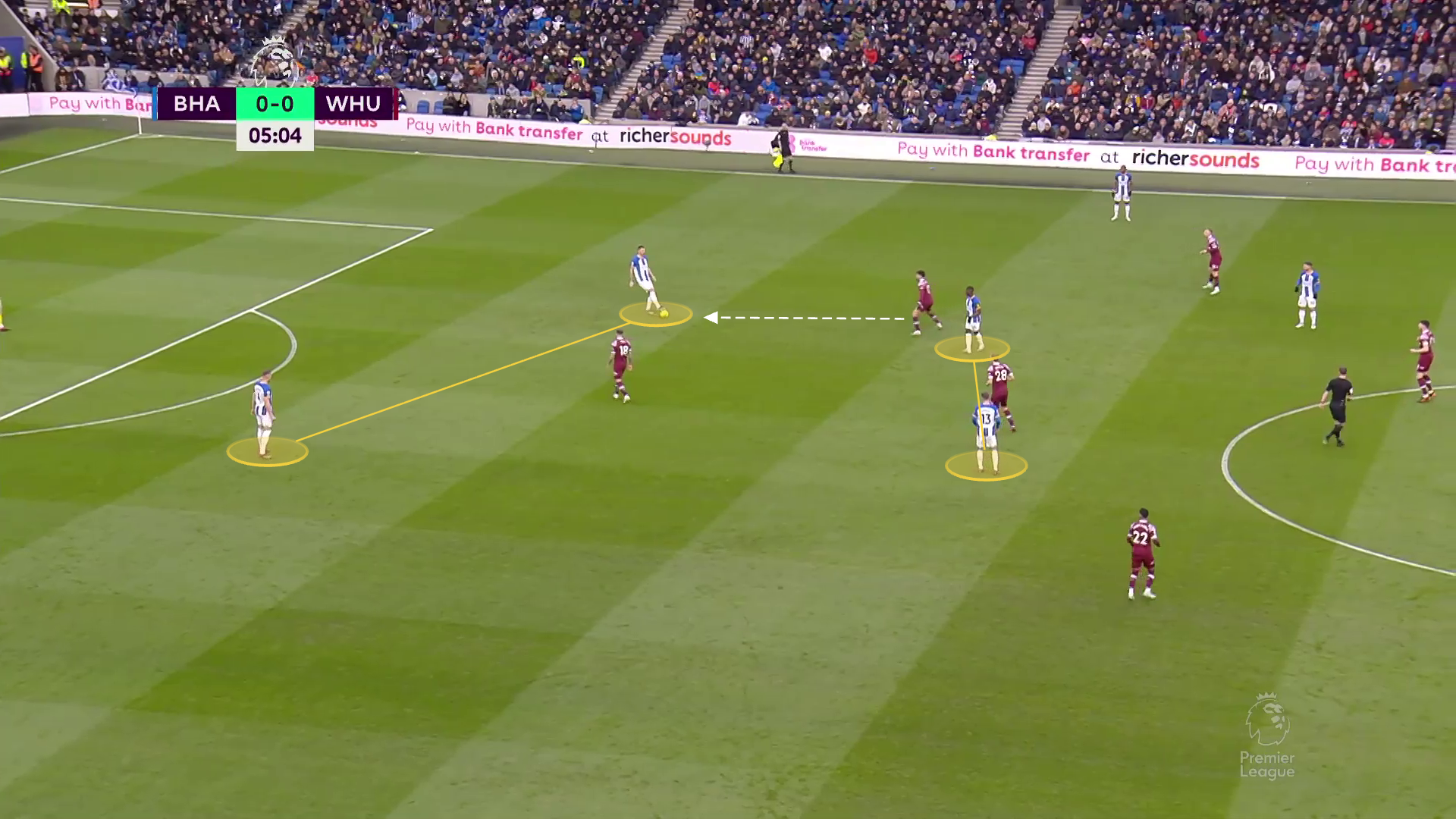Screengrab showing a Brighton defender with his studs on the ball looking to draw out the opposition.