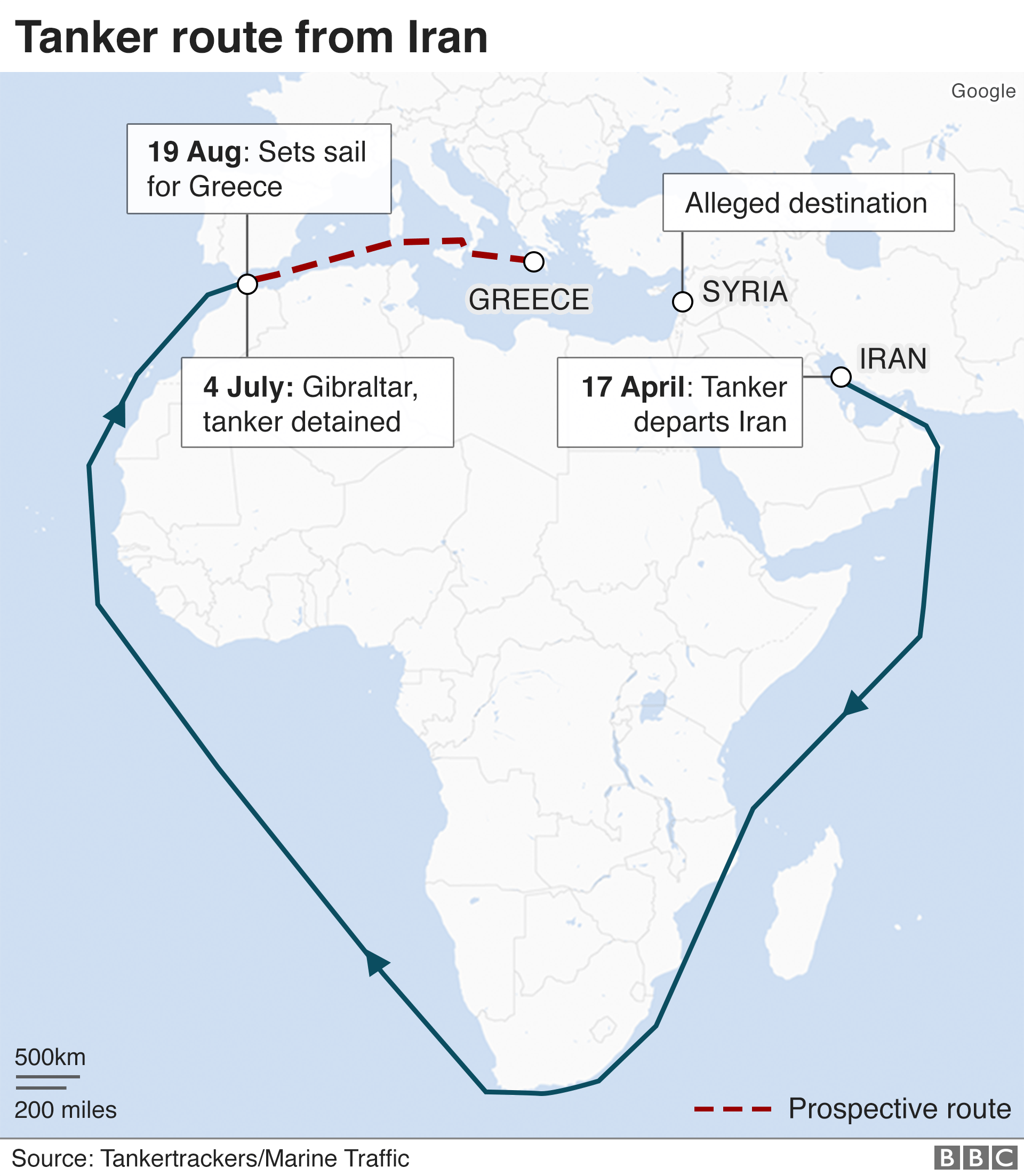 A map showing the route of an Iranian oil tanker detained in Gibraltar