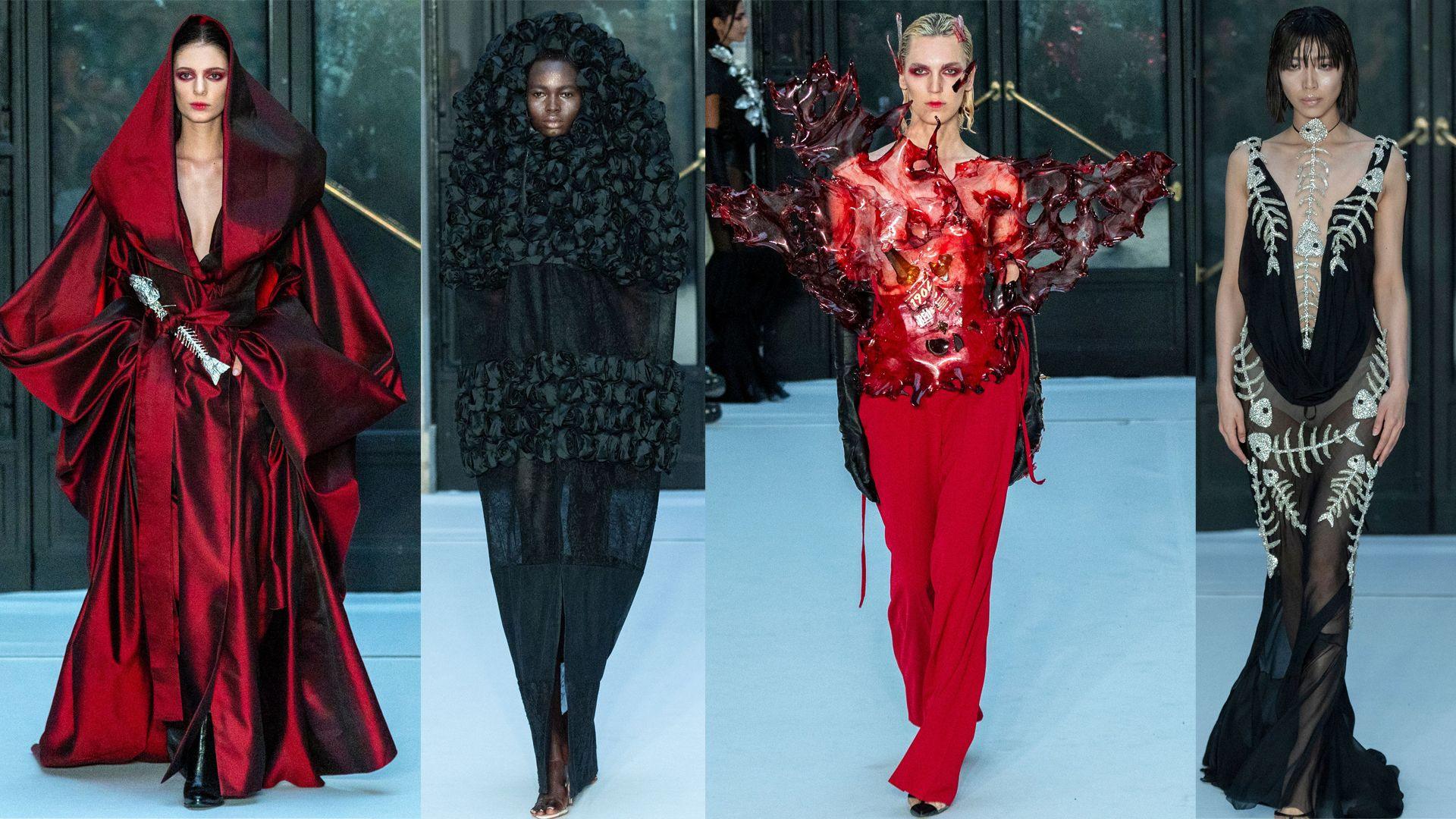 models wearing red and black clothes, made of glittery fishbones and a smashed bottle