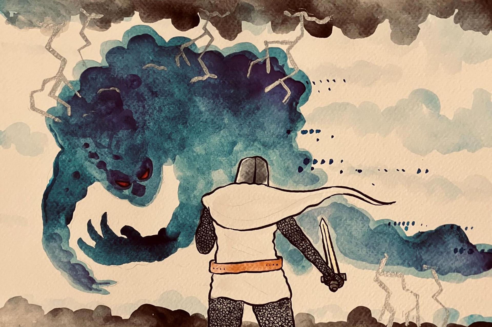 An illustration imagining the knight taking on the Daughter of Thunder. The knight has his back to the viewer. The monster looks like a thunder cloud. 