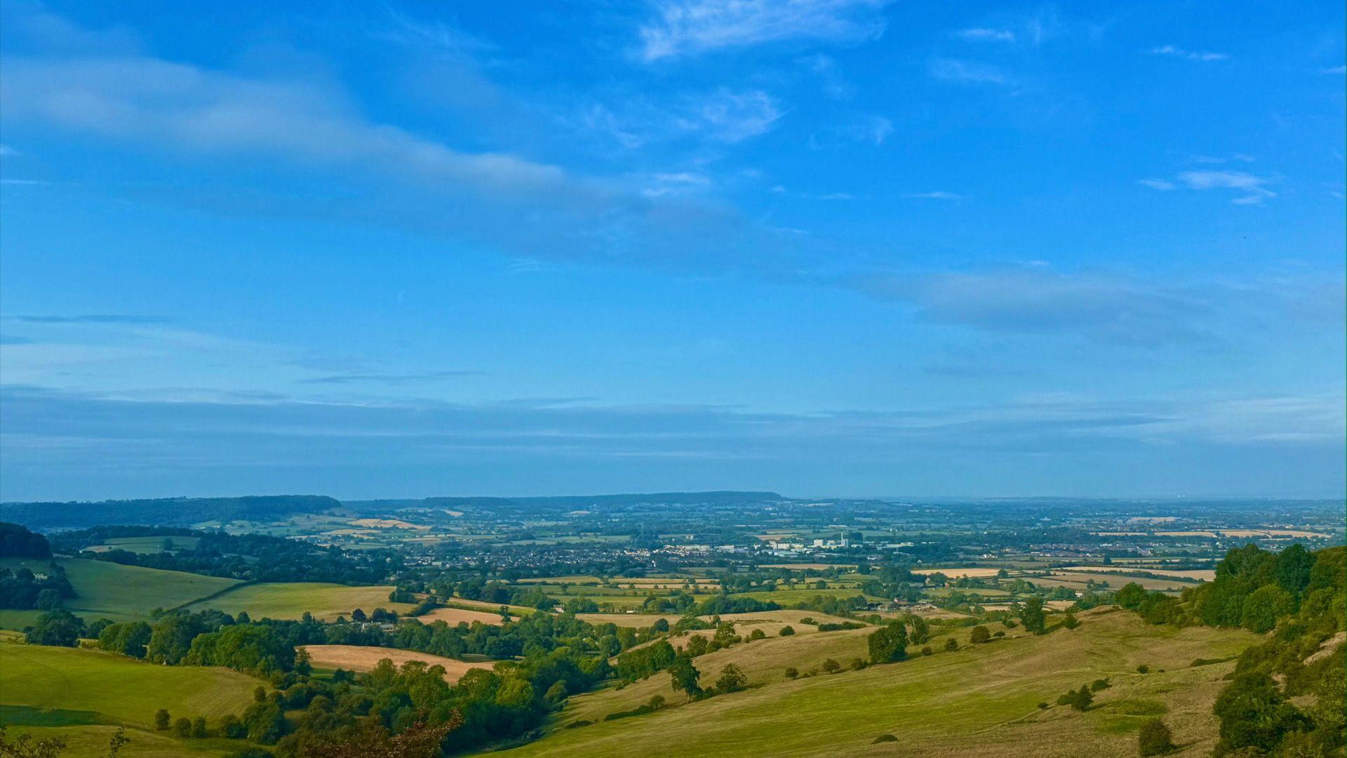 Blue sky and green fields for miles.