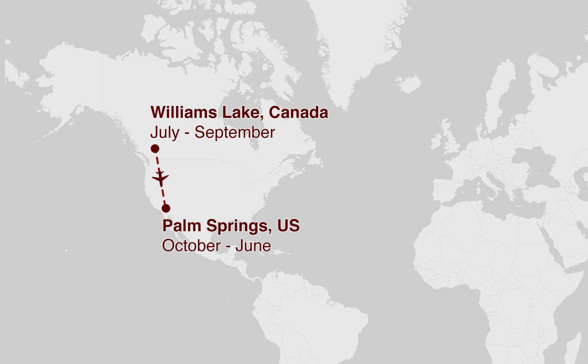 Map showing Palm Springs to Williams Lake