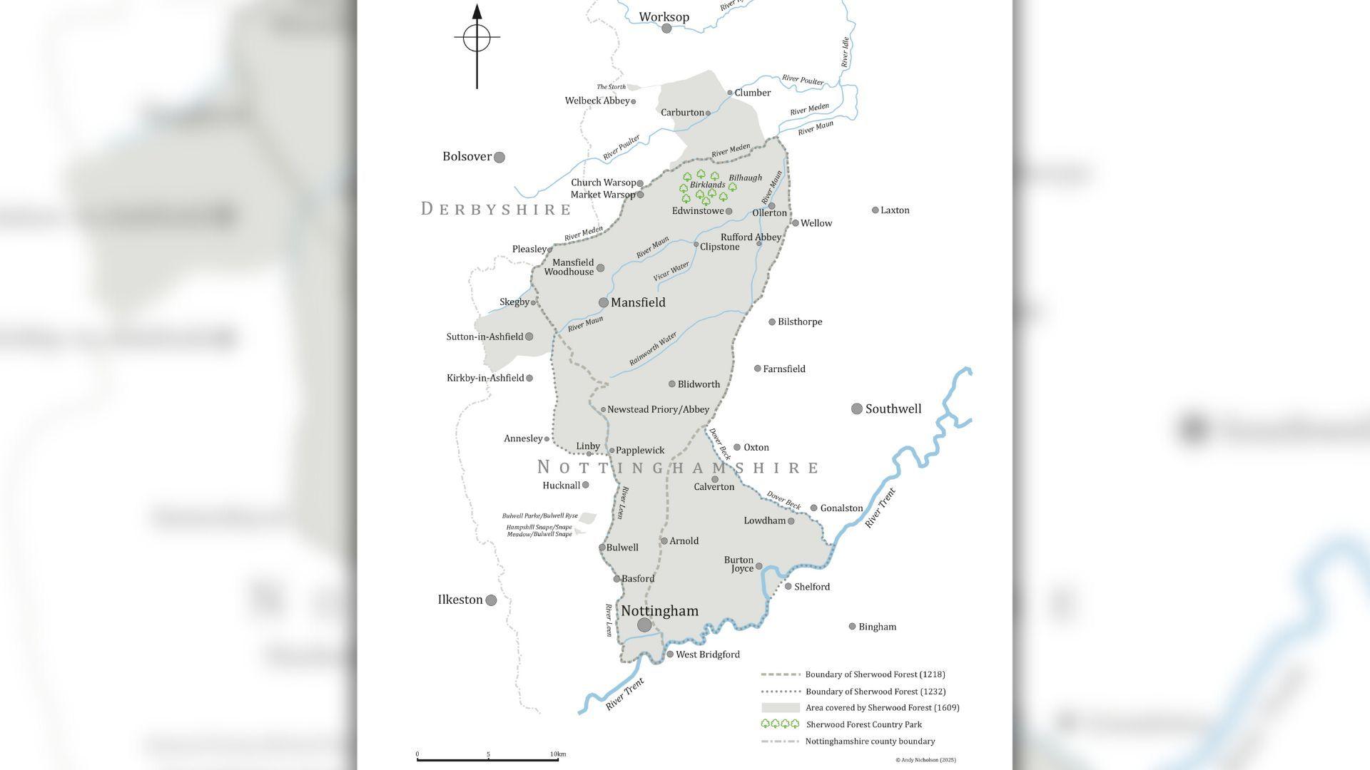 Map showing extent of Sherwood forest in medieval period