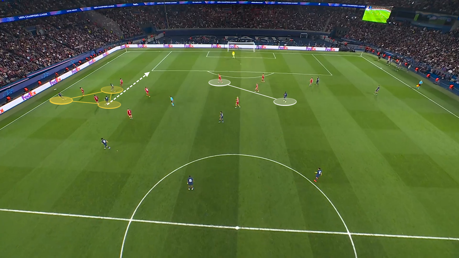 Screengrab of PSG's shape for their second goal against Liverpool in the first leg.
