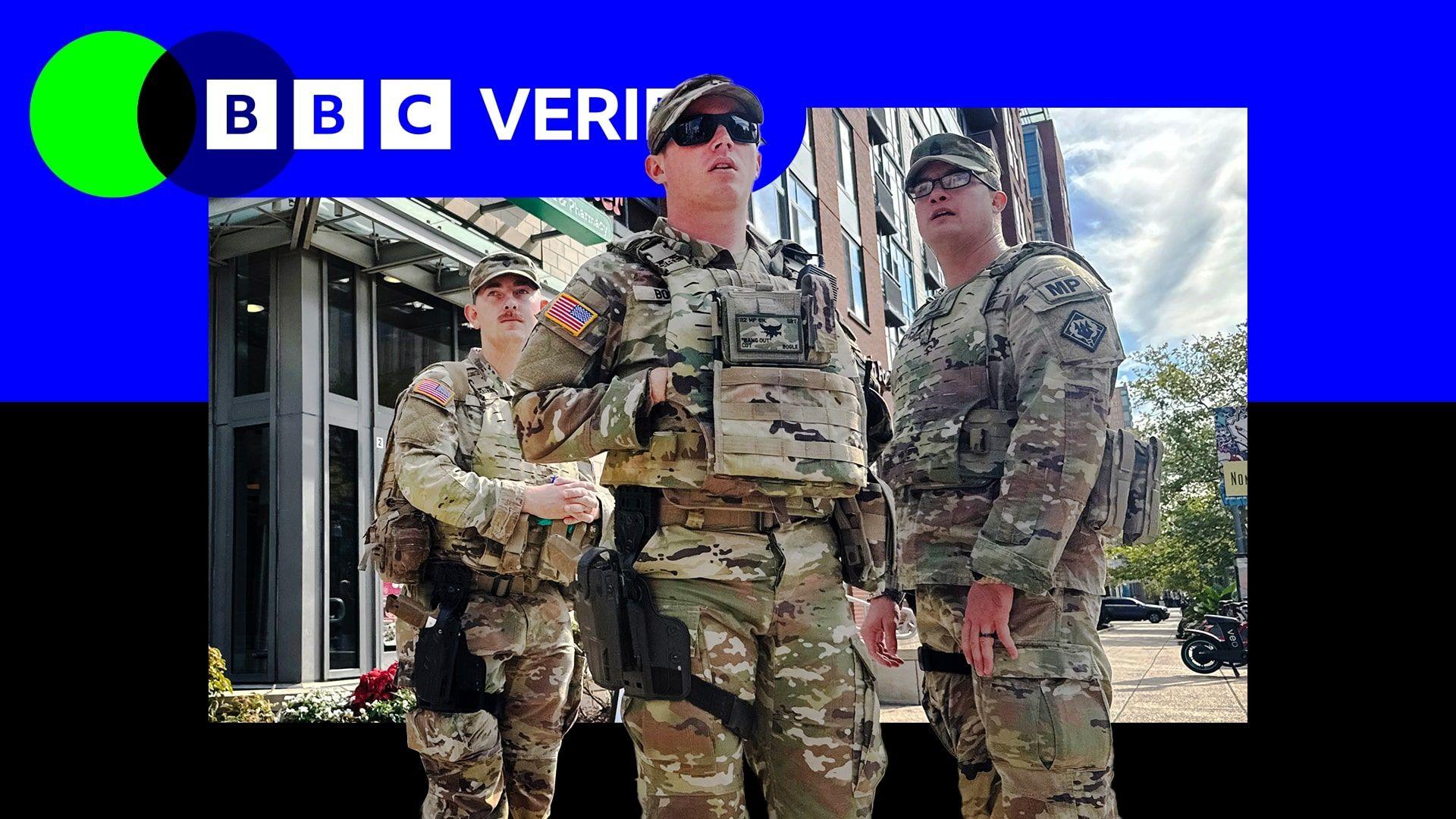 An image of National Guard troops deployed in Washington DC. imposed over blue and black BBC Verify branding