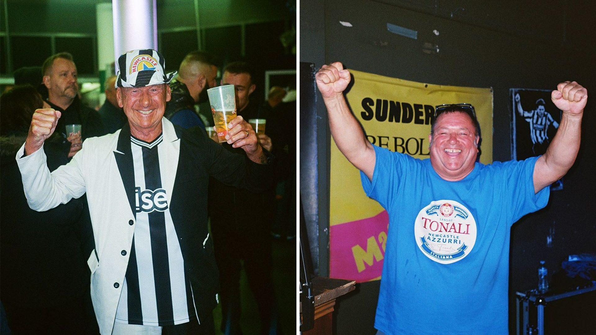 A composite of two Newcastle fans. The one on the left is wearing a black and white suit and a black and white football top. He also has a Newcastle bucket hat on, and is holding a pint of beer. The man on the left is wearing a blue shirt which reads: "Tonali".