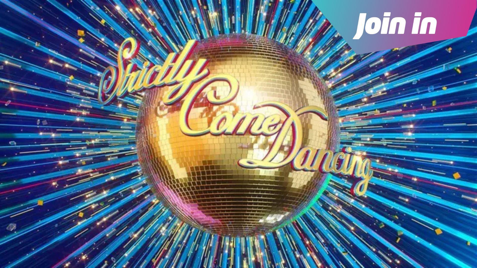 The Strictly Come Dancing Logo emblazoned on a gold glitterball is presented against a blue shiny backdrop with the Newseround Join In caption in the top right corner.