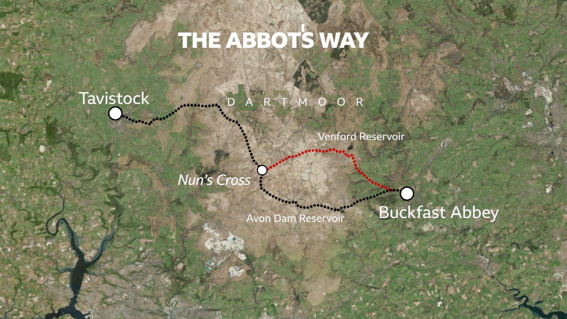 A map of Dartmoor with a black line showing the route between Tavistock and Buckfast Abby which passes Nun's Cross as shown on an Ordinance Survey map. A red line shows an alternative northerly route between Nuns Cross and Buckfast Abbey which author Nick Pannell describes as The Real Abbot's Way.