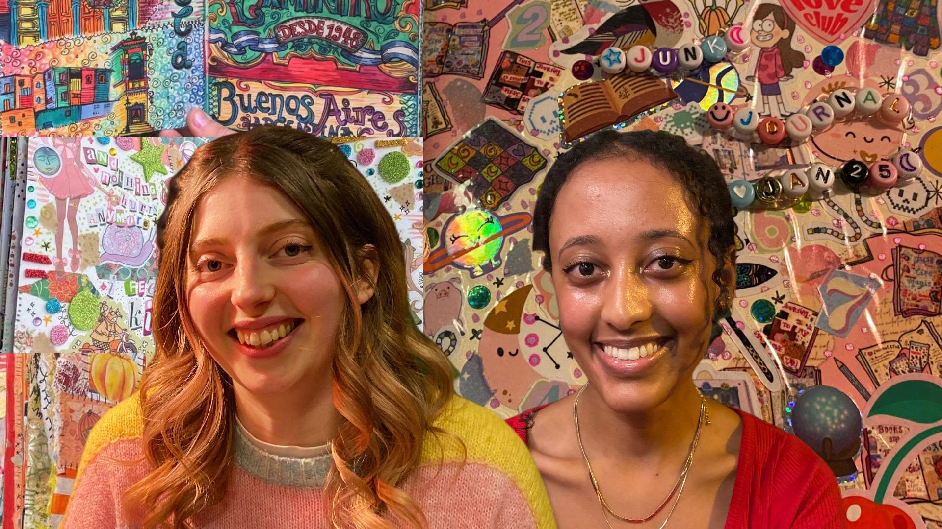 Kia and Selam are both smiling in front of a background with multi-coloured books filled with stickers and drawings. Kia has long brown hair and is wearing a yellow and pink jumper. Selam is wearing a red top and has black curly hair.