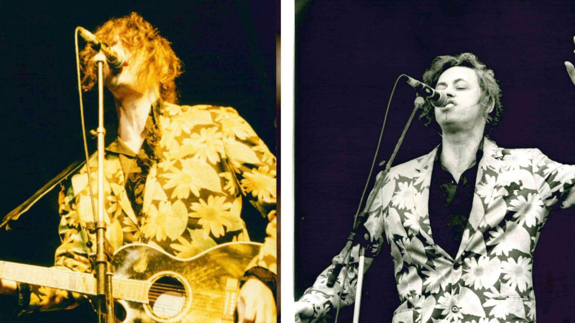 Bob Geldof with long dark hair, wearing a jacket with black jagged patterns on it and a dark T-shirt. There are two pictures, the one on the left has him holding a left-handed guitar. There is a microphone and stand in front of him and the background is completely dark.
