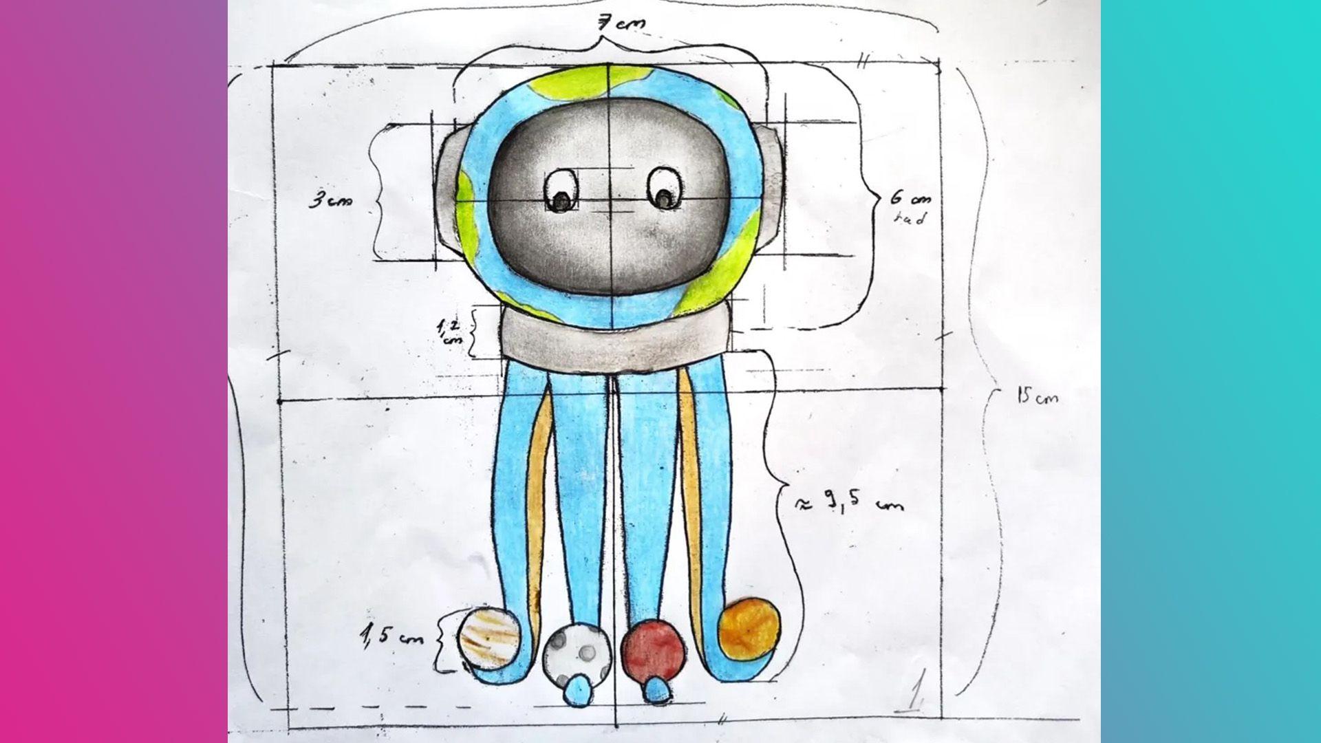 A drawing of an octopus in an astronaut helmet that looks like the earth. It is holding planets in its tentacles.