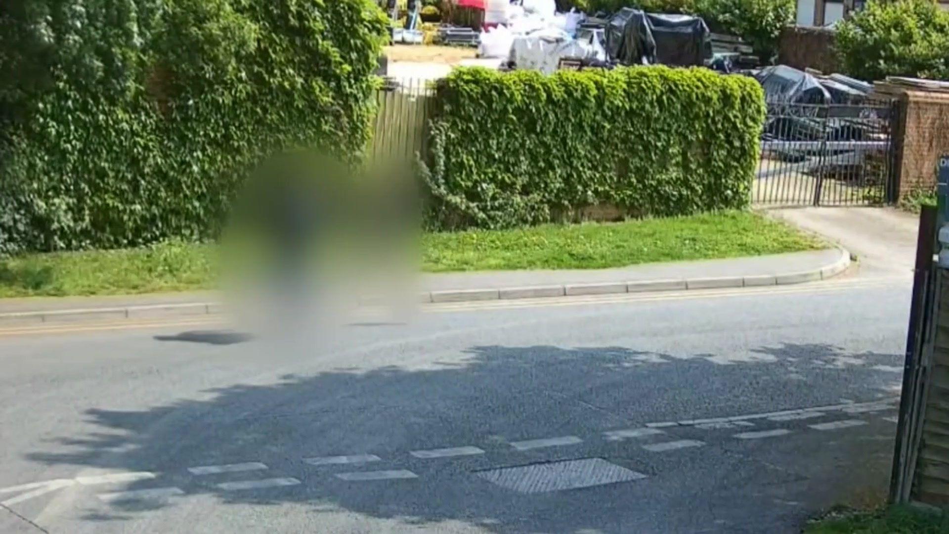 CCTV image shows two blurred people shapes on a road with grass and hedges