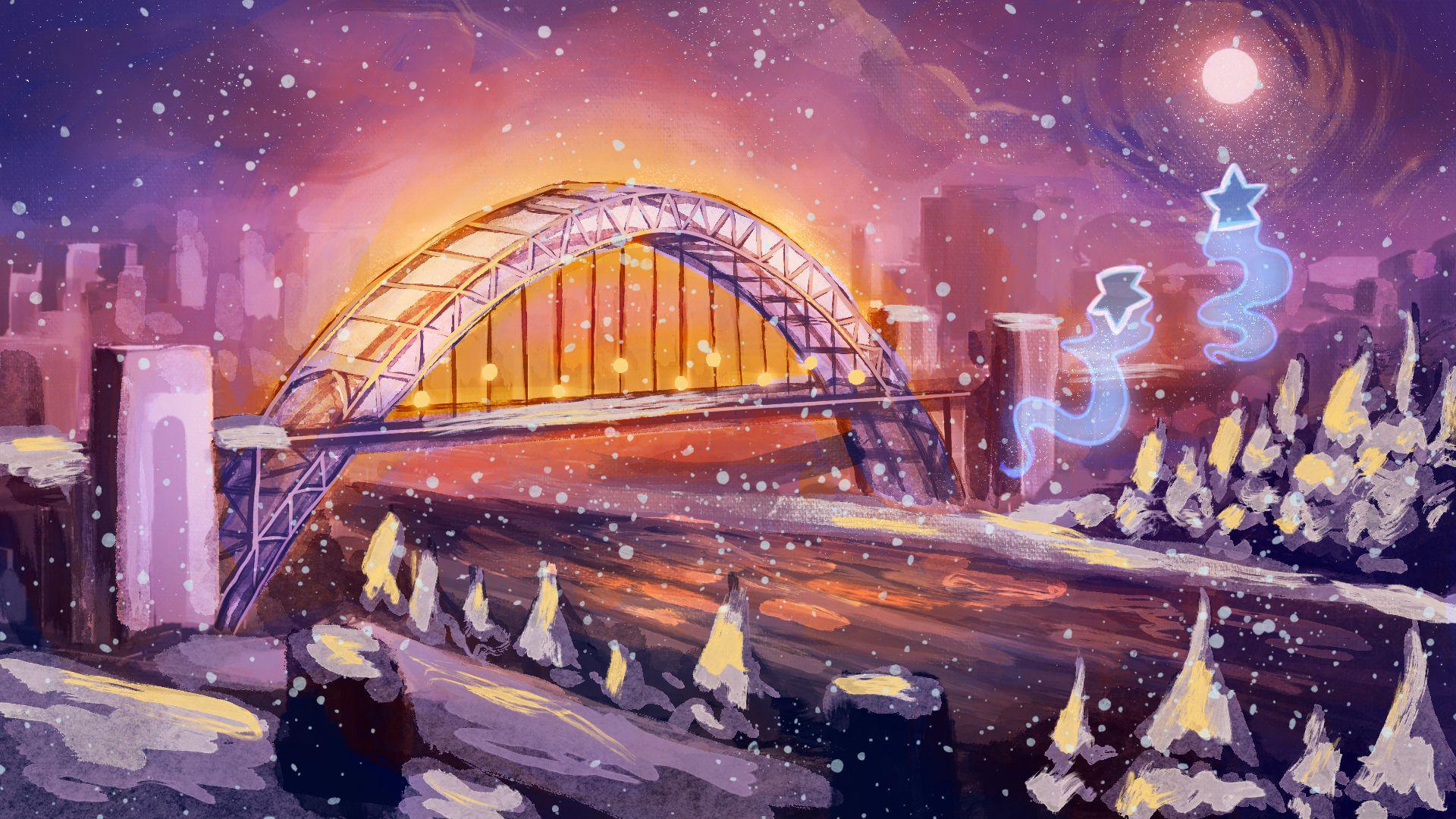 An illustration of the Tyne Bridge, with cosy purple and orange hues and snow falling from the sky. In the top right hand of the illustration is a bright, white, full moon, with two dreamlike swirly figures with stars for heads floating beneath it.