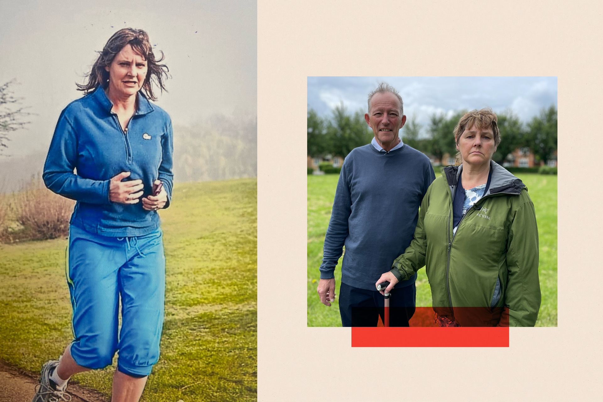 Jane pictured at a Parkrun, before she was affected by blood clots - and with her husband Ian more recently