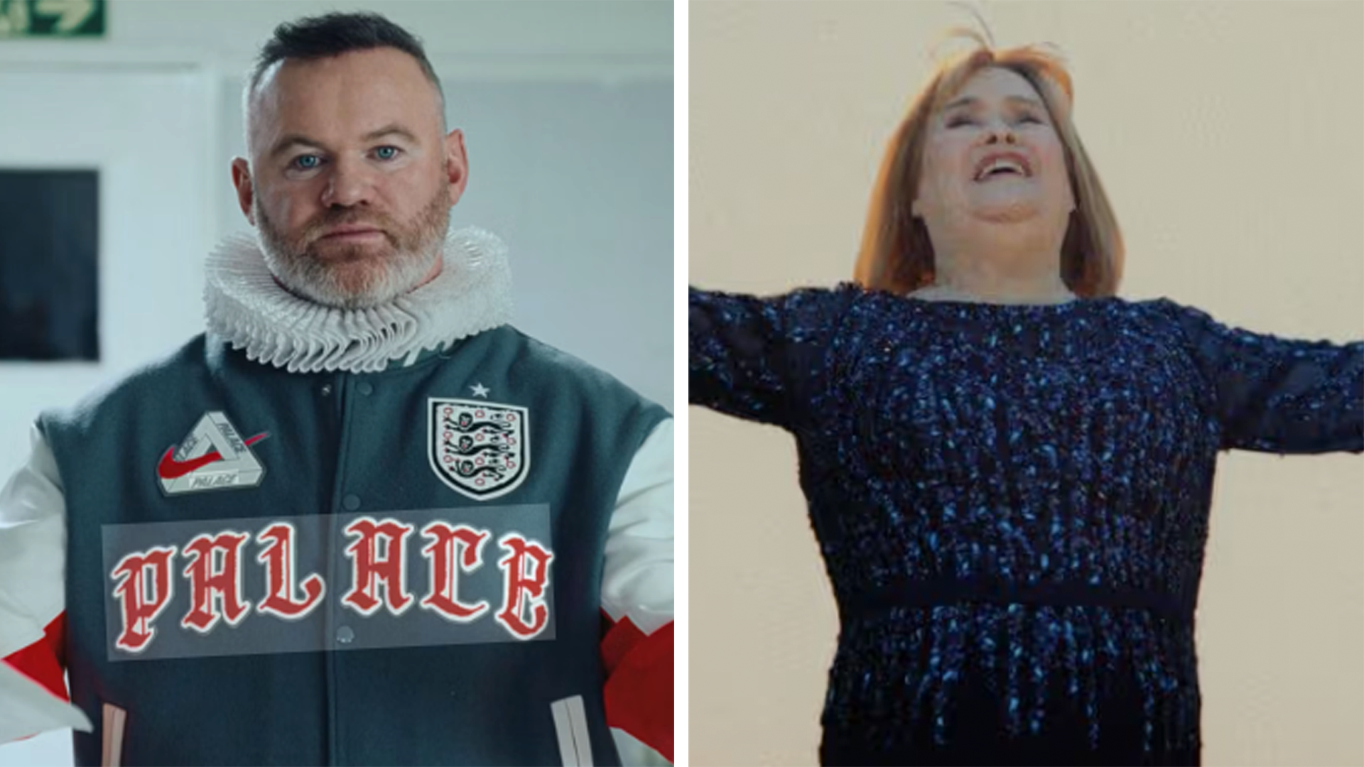 Wayne Rooney and Susan Boyle in scenes from their adverts