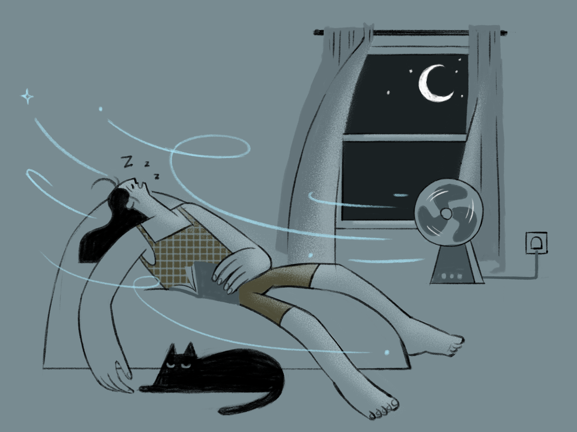 Stylised illustration of a person asleep in a chair at night while a fan blows cool air across the room. The person is reclining with eyes closed and “Z” symbols above the head, wearing a checked sleeveless top and shorts. Curved blue lines show airflow moving around the room. A black cat lies curled up on the floor beneath the chair. In the background, an open-curtained window reveals a dark night sky with a crescent moon and stars. A small electric fan sits on a table beside the window, plugged into a wall socket. The image uses muted grey, black, olive green and pale blue tones.