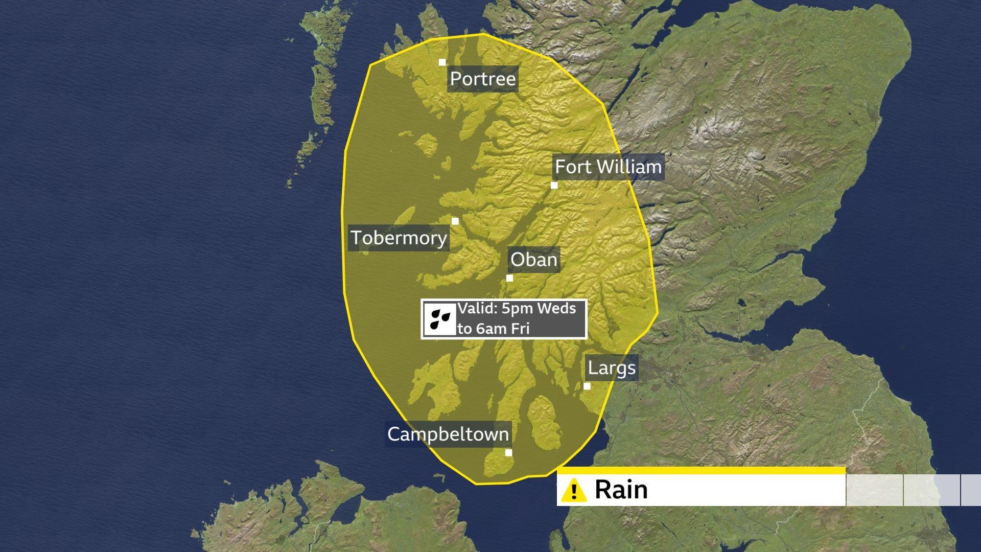 Map of Scotland showing area in west where a yellow rain warning will be in force from 5pm Wednesday to 6am Friday