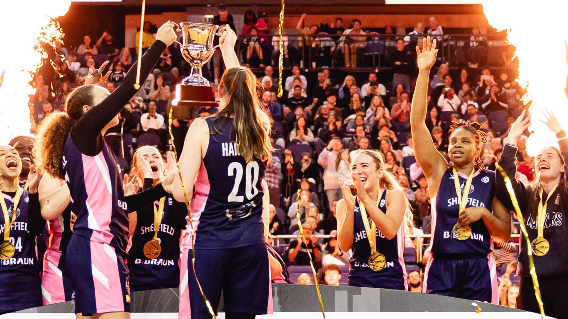Sheffield Hatters players celebrate winning the Women's Super League Basketball play-off final