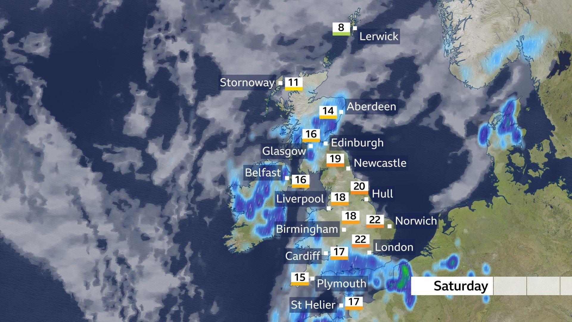 A map showing temperatures across the UK which are higher in the east