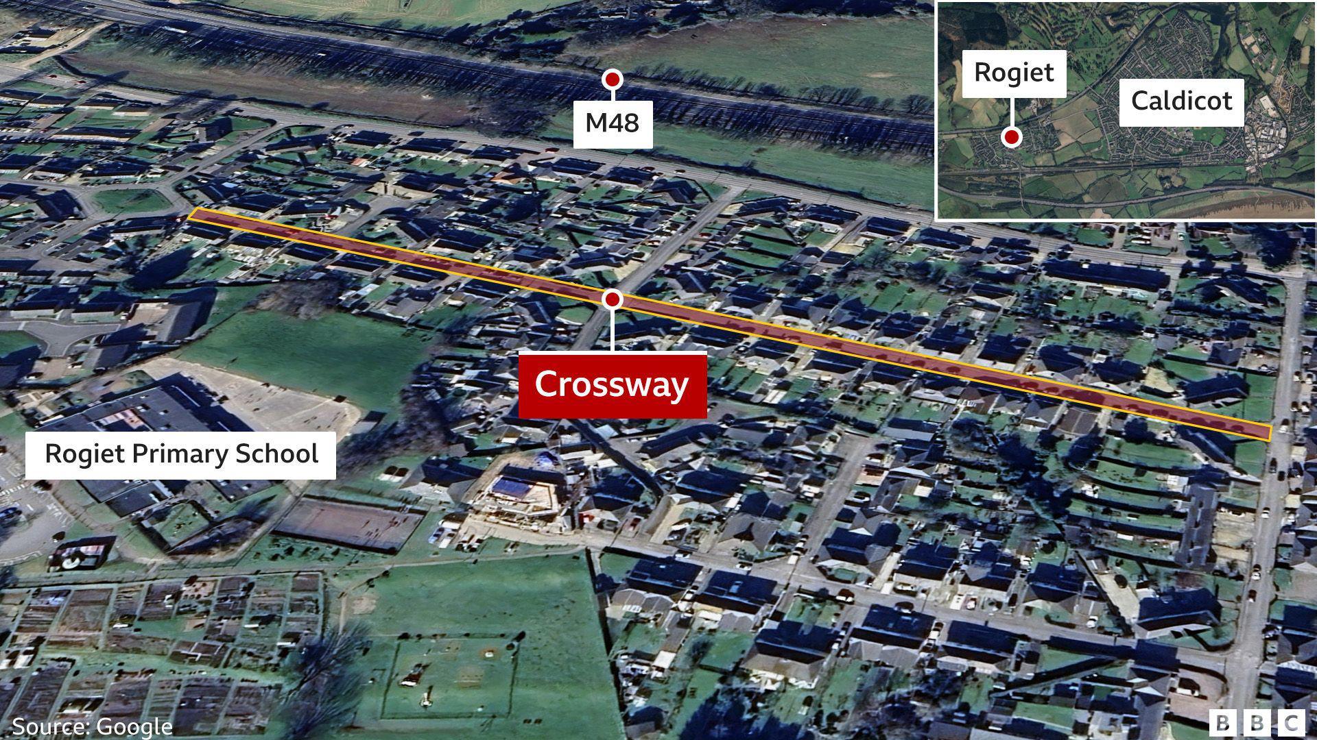 A google satellite map of the Rogiet with Crossway labelled in red and yellow marker showing the  street through the village. Rogiet Primary school to the left of the image is also labelled, as in the M48 at the top  of the image. There is an inset map in the top right showing Rogiet and Calidcot, a town to the east of the village.