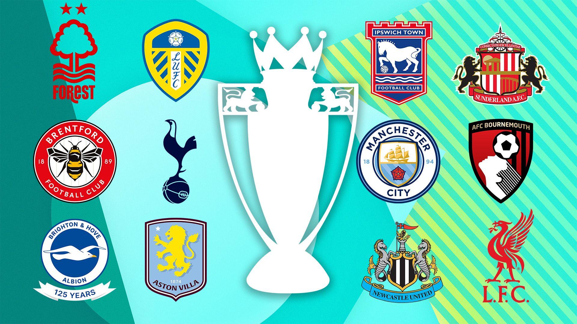 Club badges for Forest v Leeds, Ipswich v Sunderland, Brentford v Tottenham, Manchester City v Bournemouth, Brighton v Aston Villa and Newcastle v Liverpool